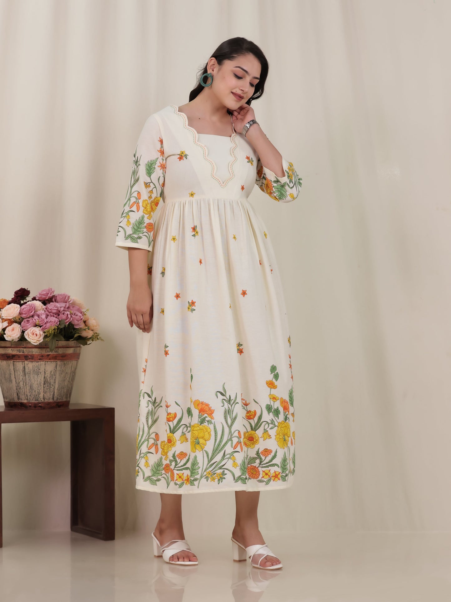 Embroidered Linen Cotton Placement Print Flared Off White Dress
