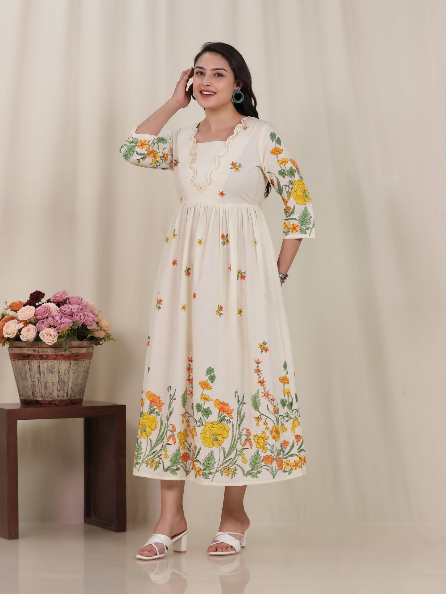 Embroidered Linen Cotton Placement Print Flared Off White Dress