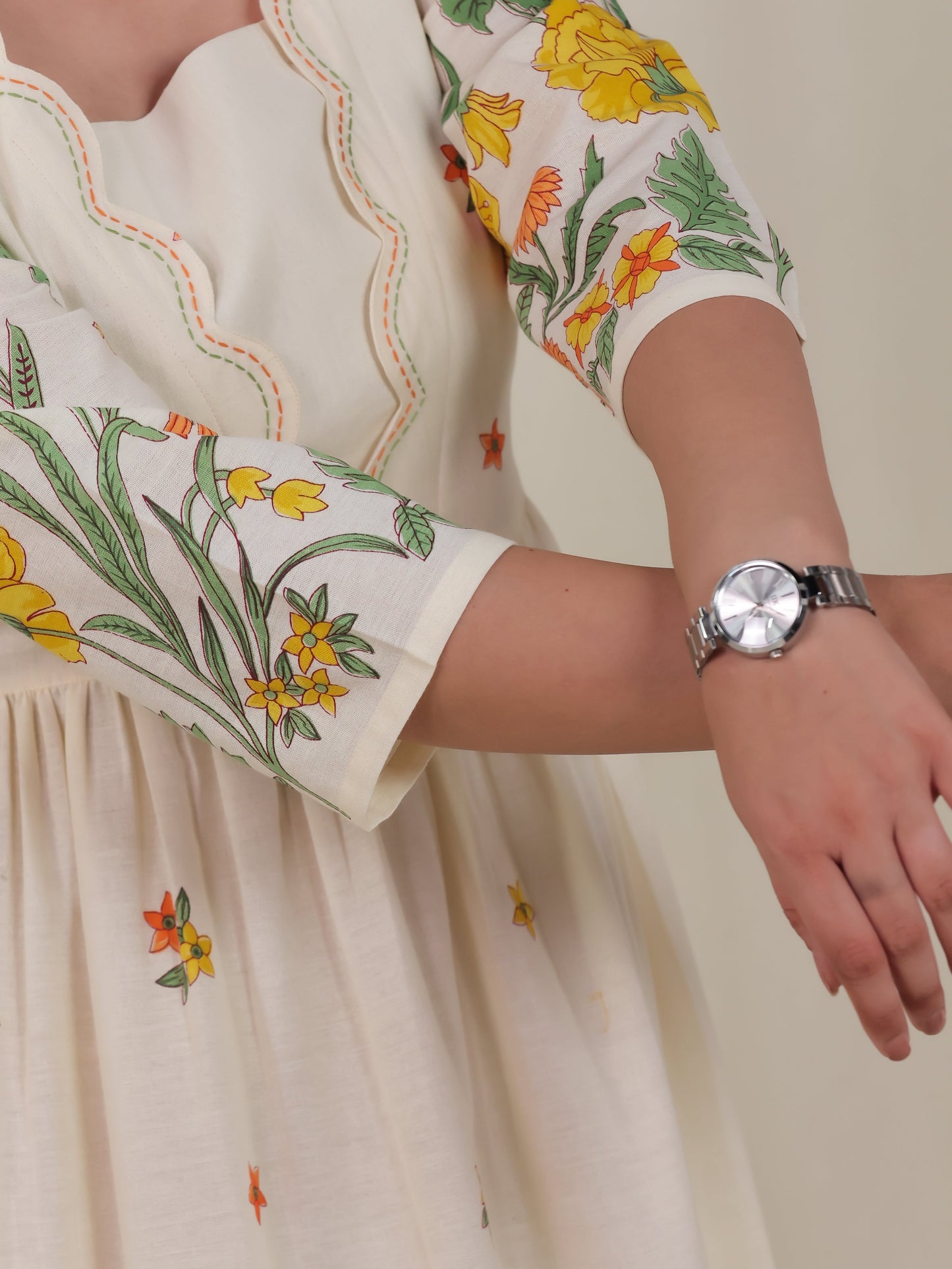Embroidered Linen Cotton Placement Print Flared Off White Dress