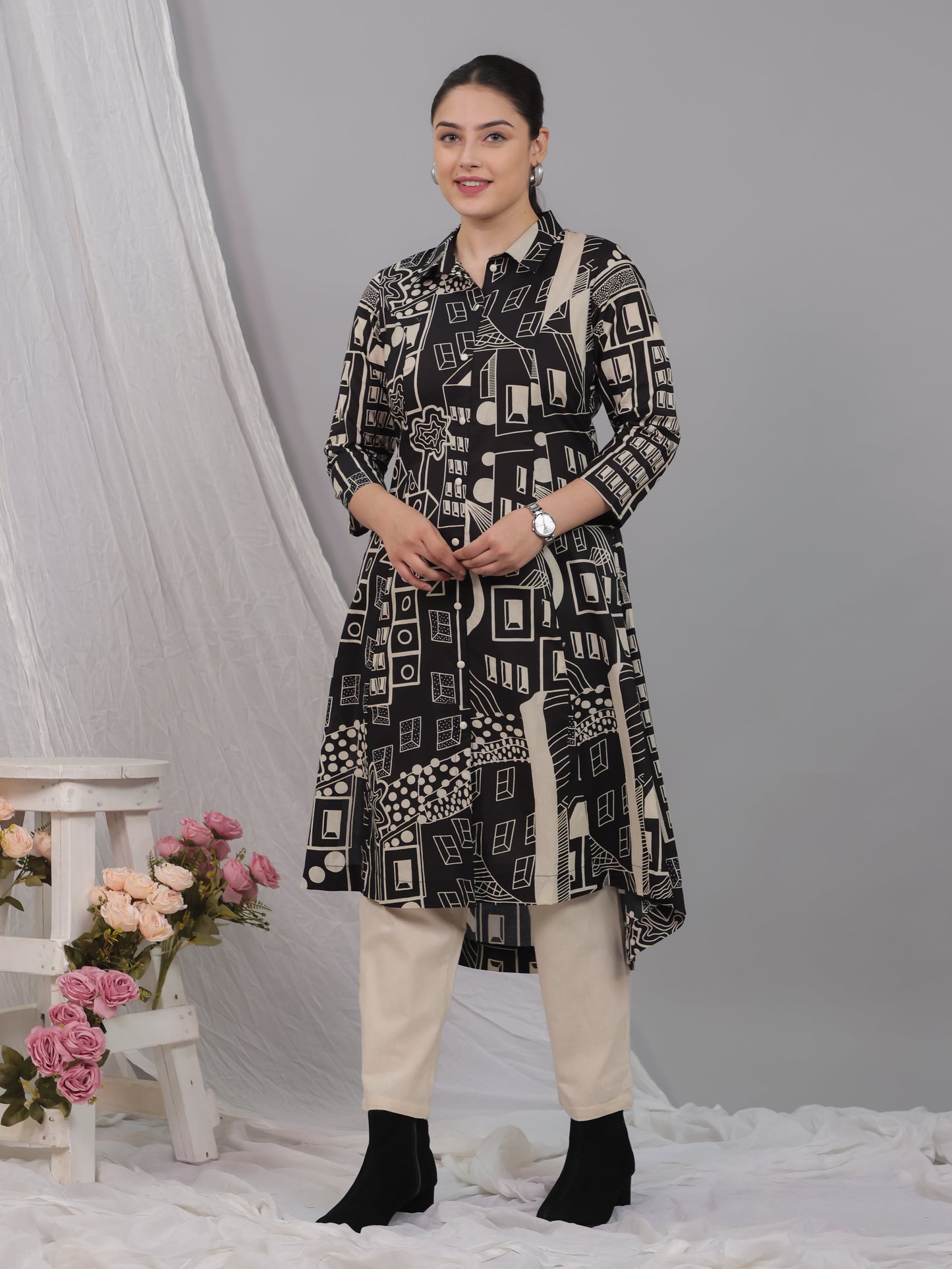 Soft Cotton Geometric High Low Black Kurta