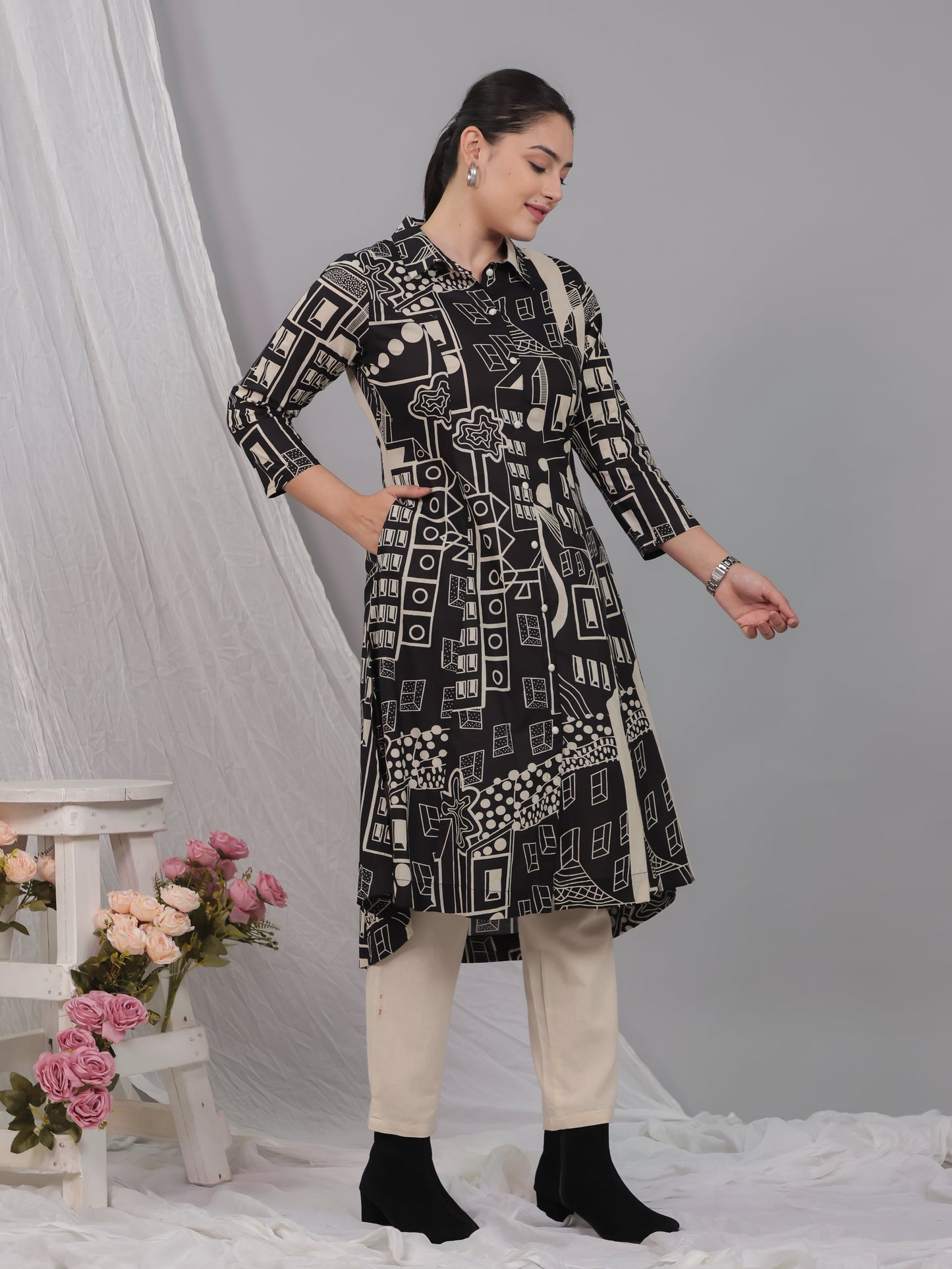 Soft Cotton Geometric High Low Black Kurta