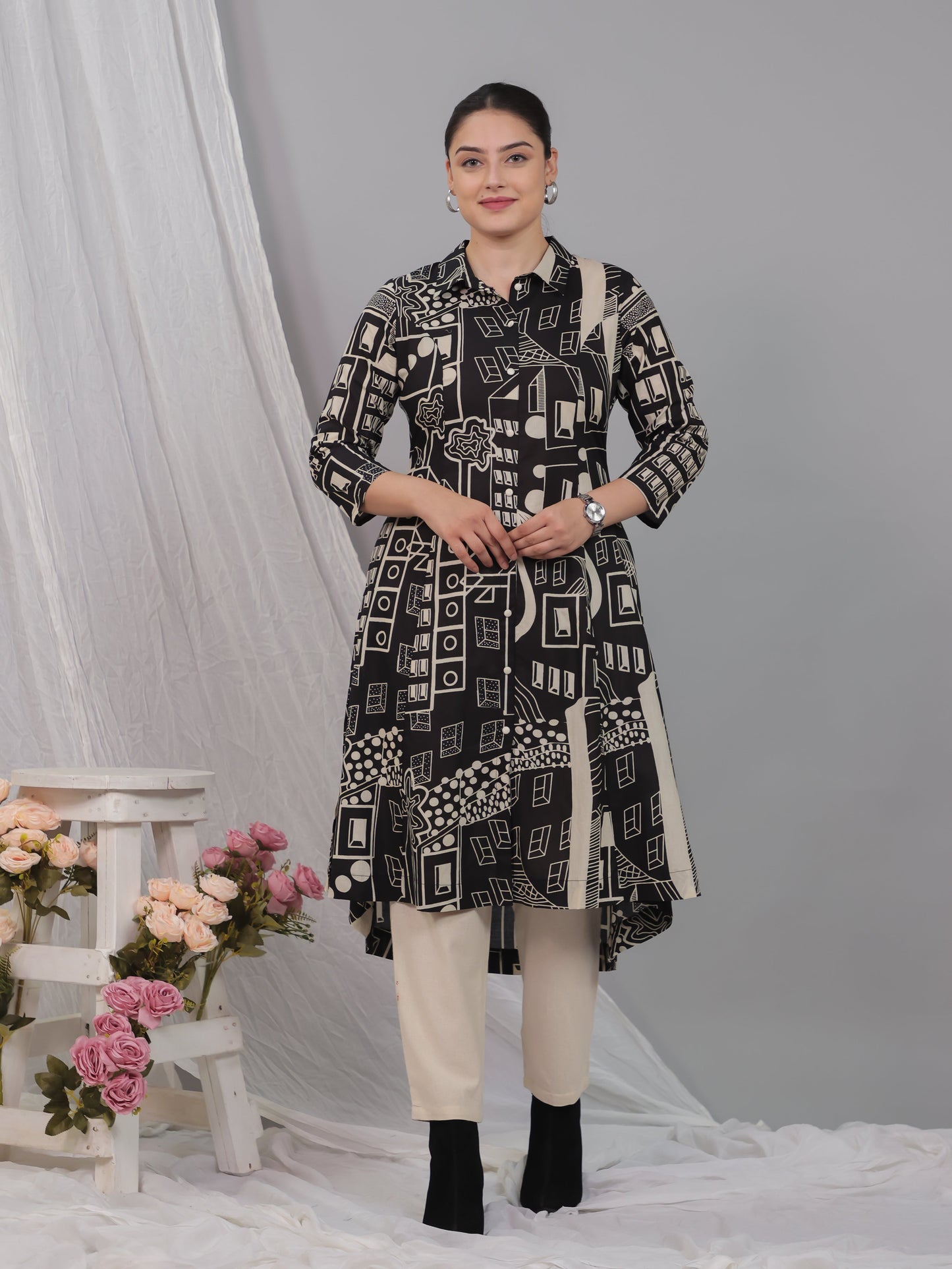Soft Cotton Geometric High Low Black Kurta