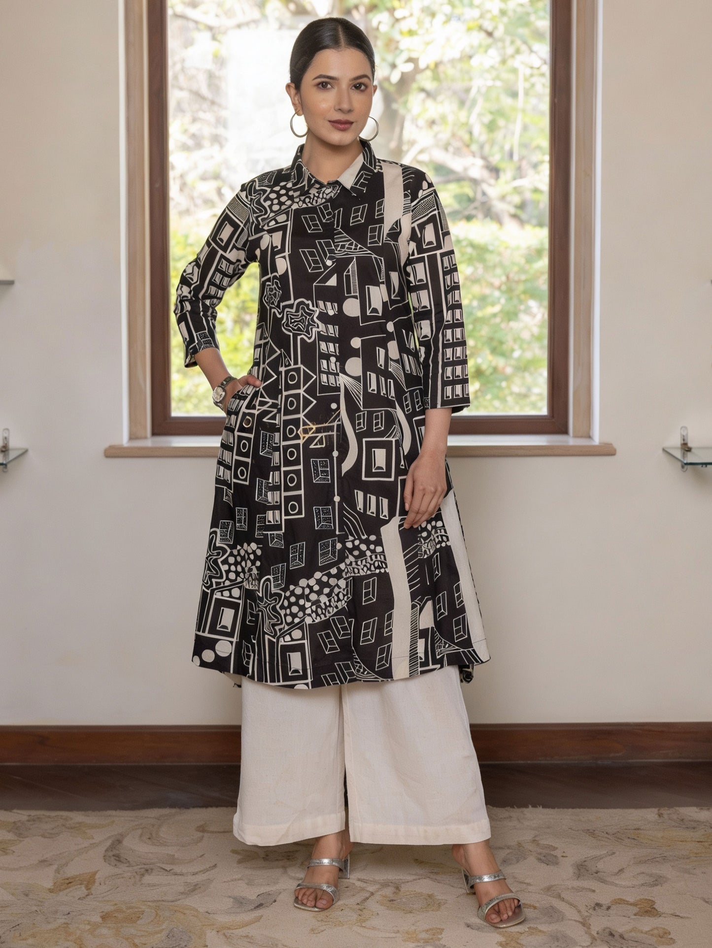 Soft Cotton Geometric High Low Black Kurta
