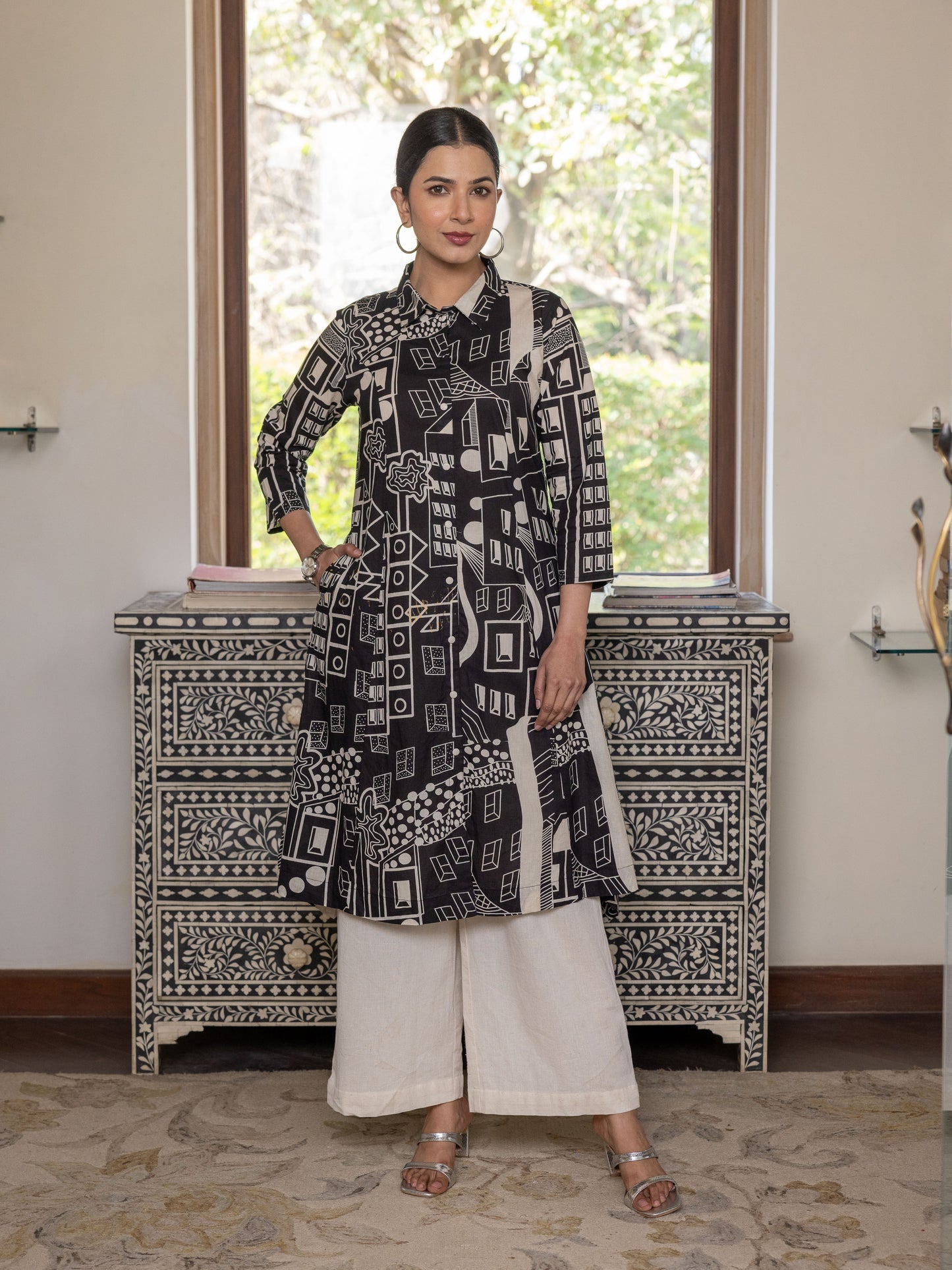 Soft Cotton Geometric High Low Black Kurta