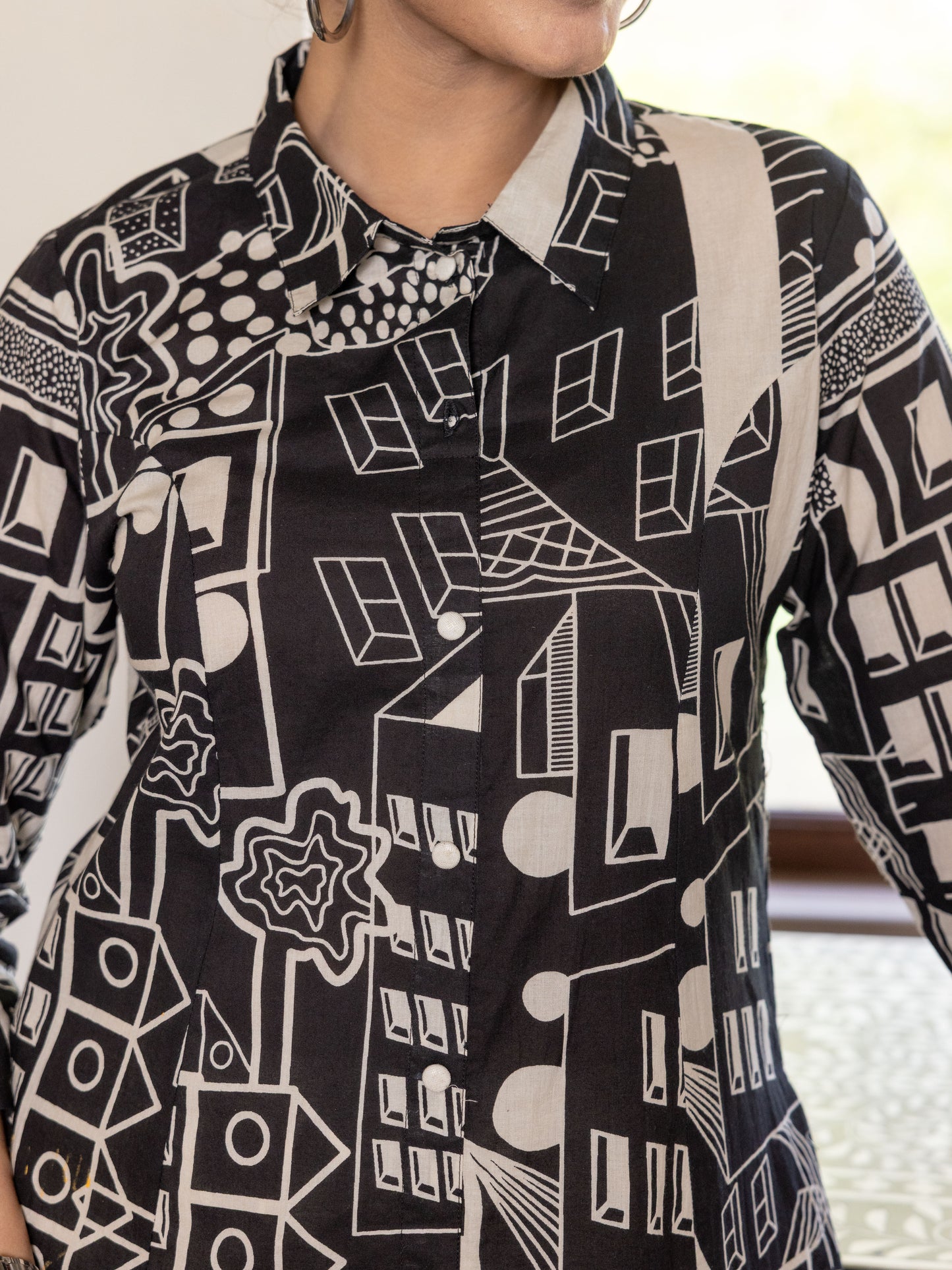 Soft Cotton Geometric High Low Black Kurta