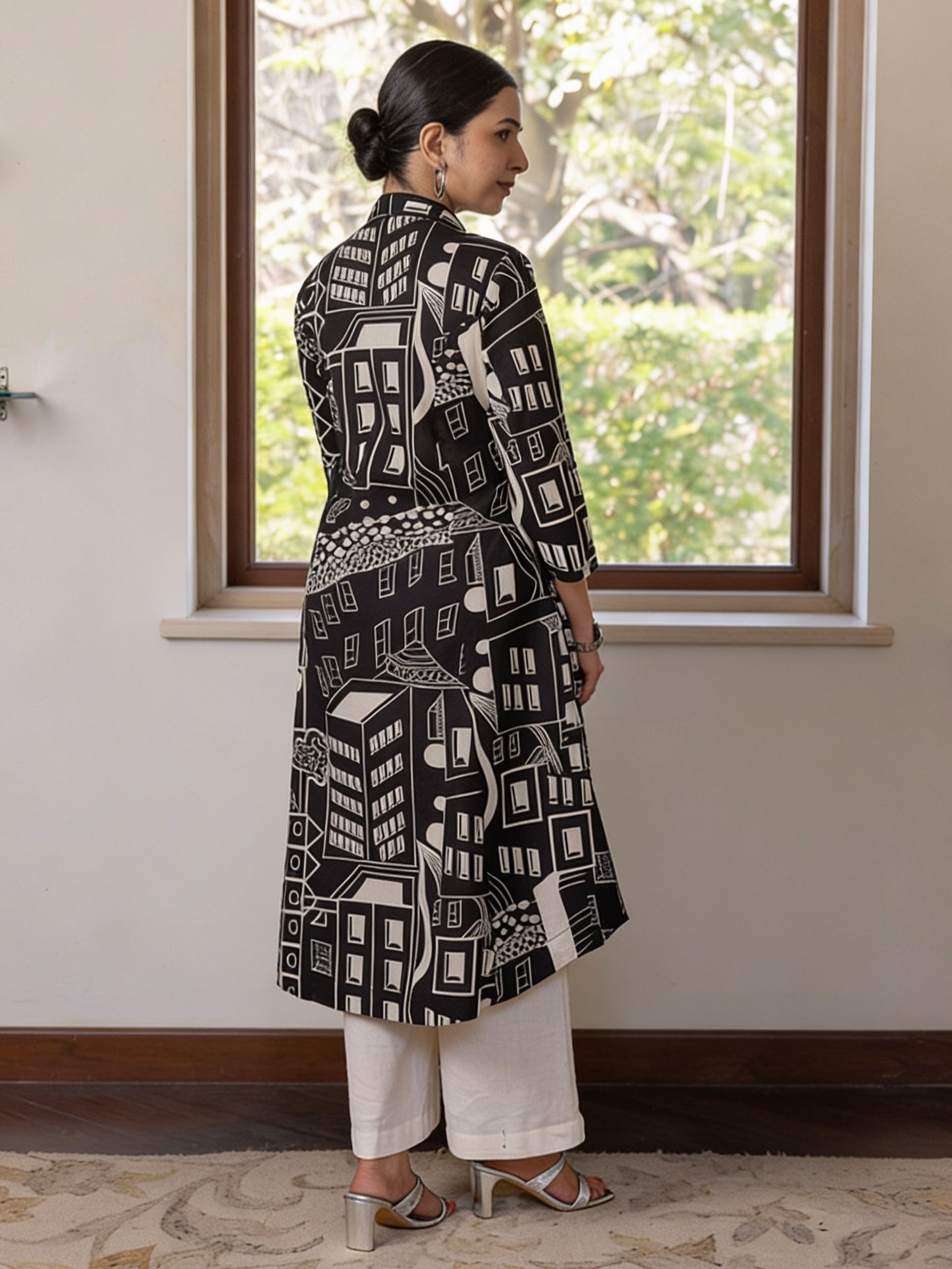 Soft Cotton Geometric High Low Black Kurta