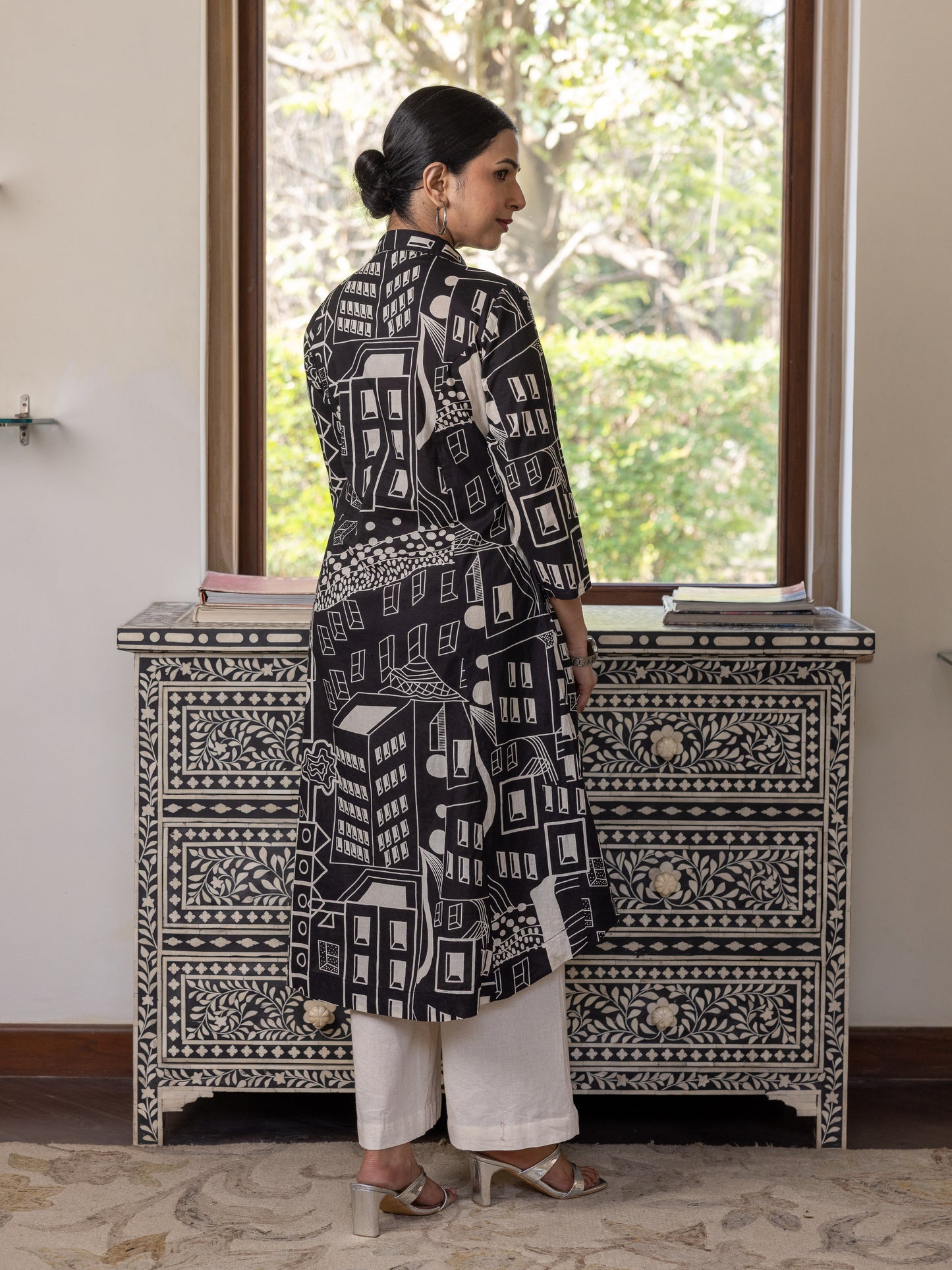 Soft Cotton Geometric High Low Black Kurta