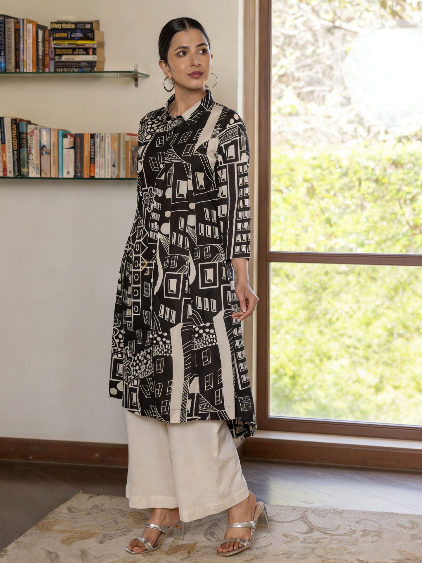 Soft Cotton Geometric High Low Black Kurta