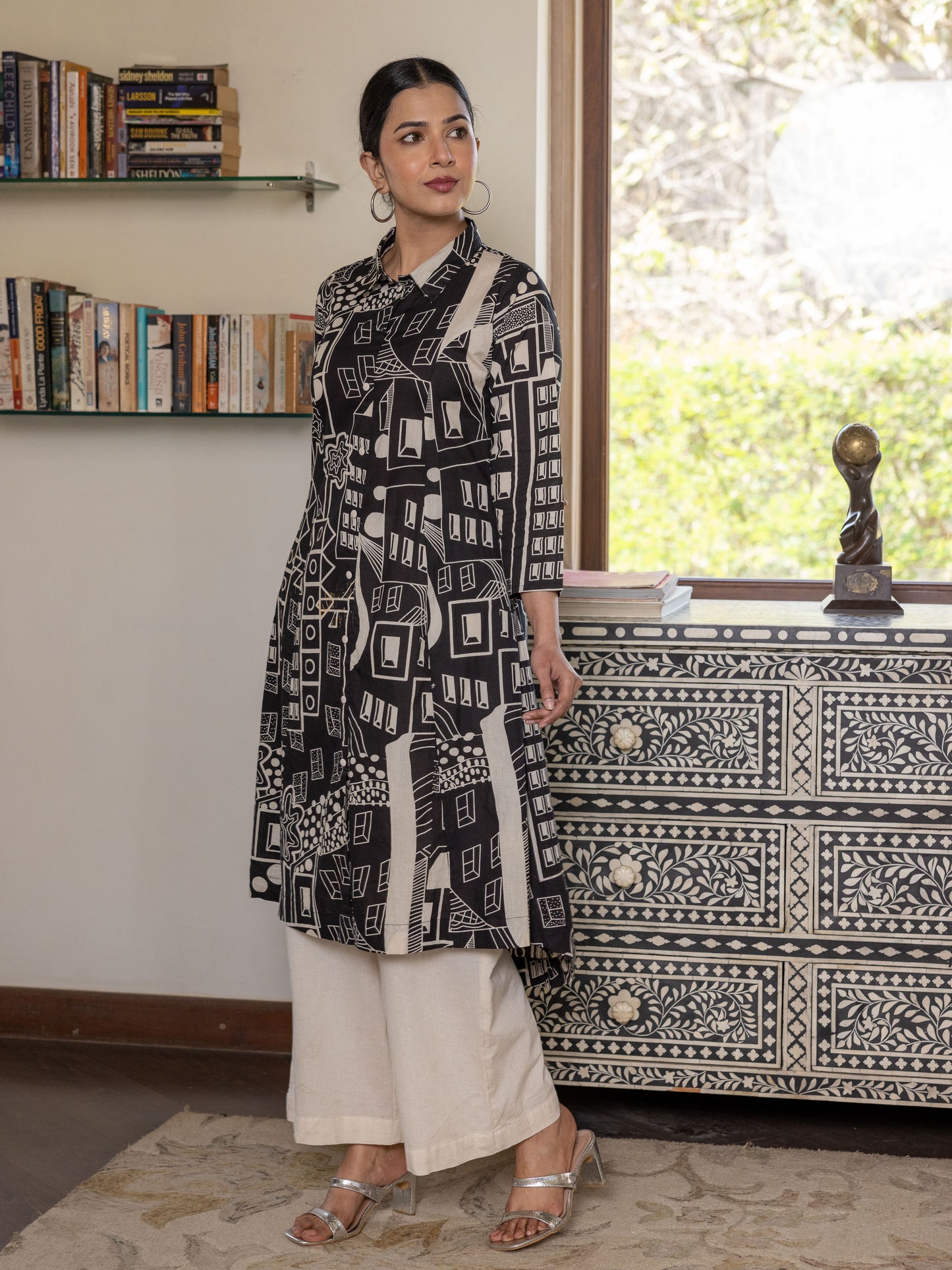 Soft Cotton Geometric High Low Black Kurta