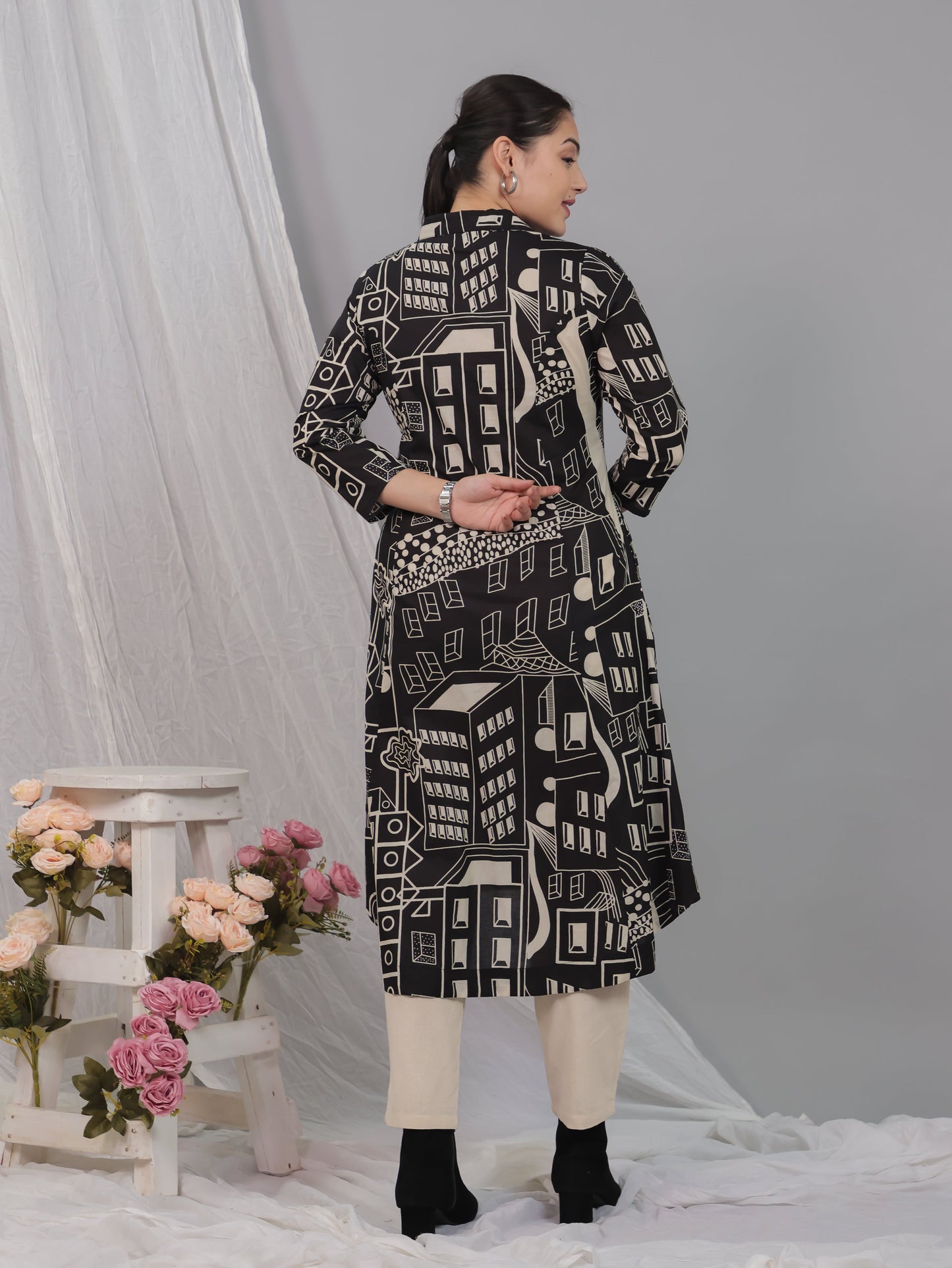 Soft Cotton Geometric High Low Black Kurta