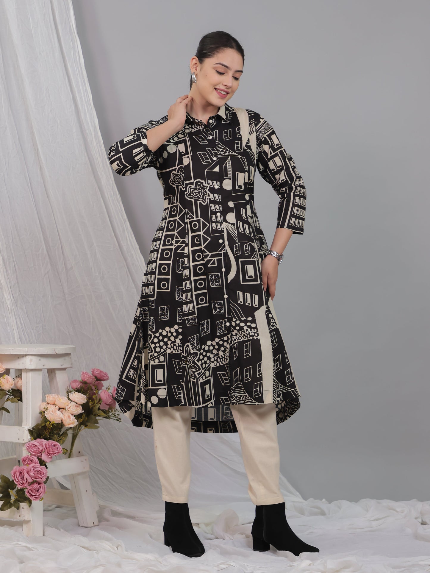 Soft Cotton Geometric High Low Black Kurta