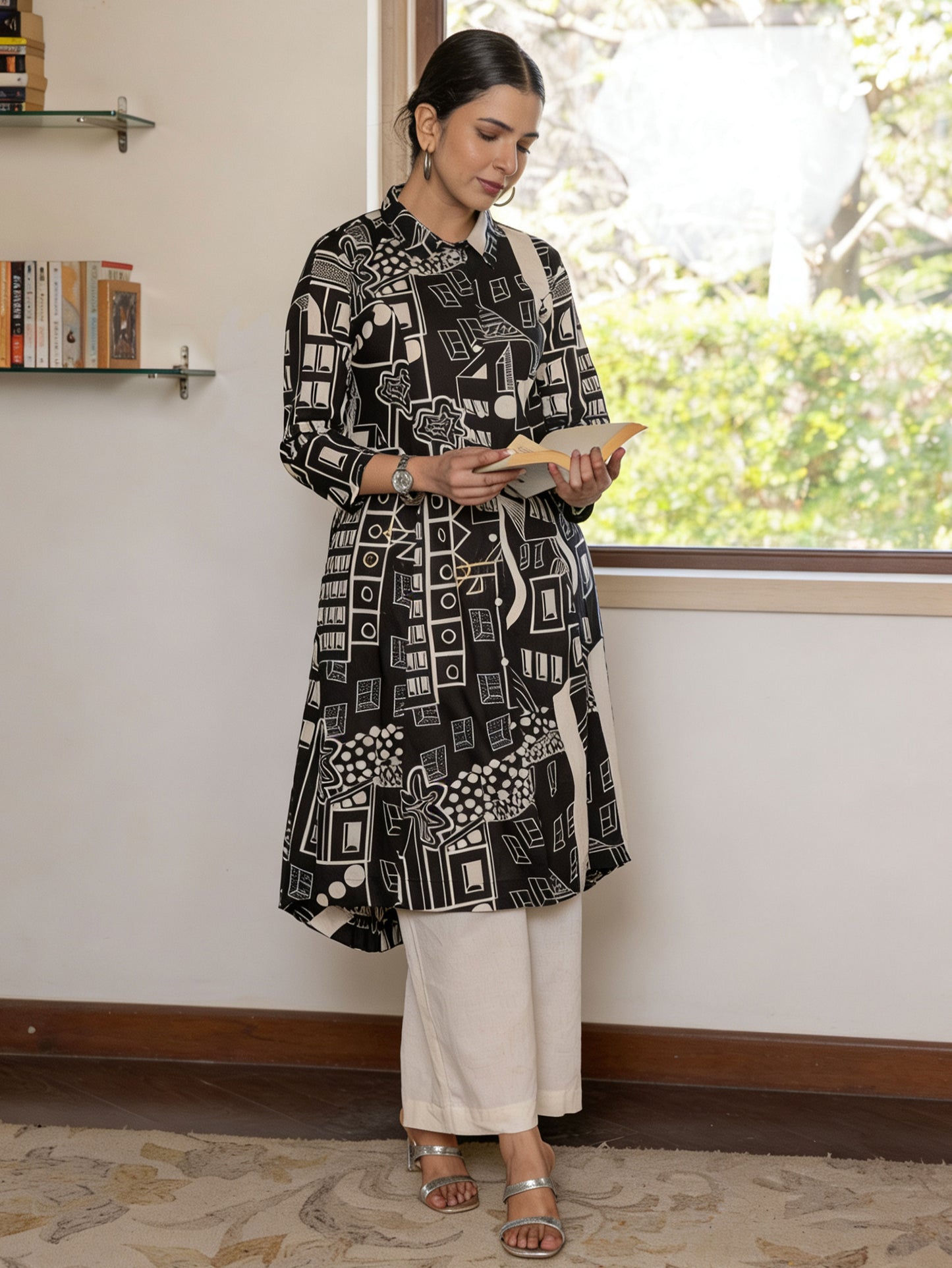 Soft Cotton Geometric High Low Black Kurta