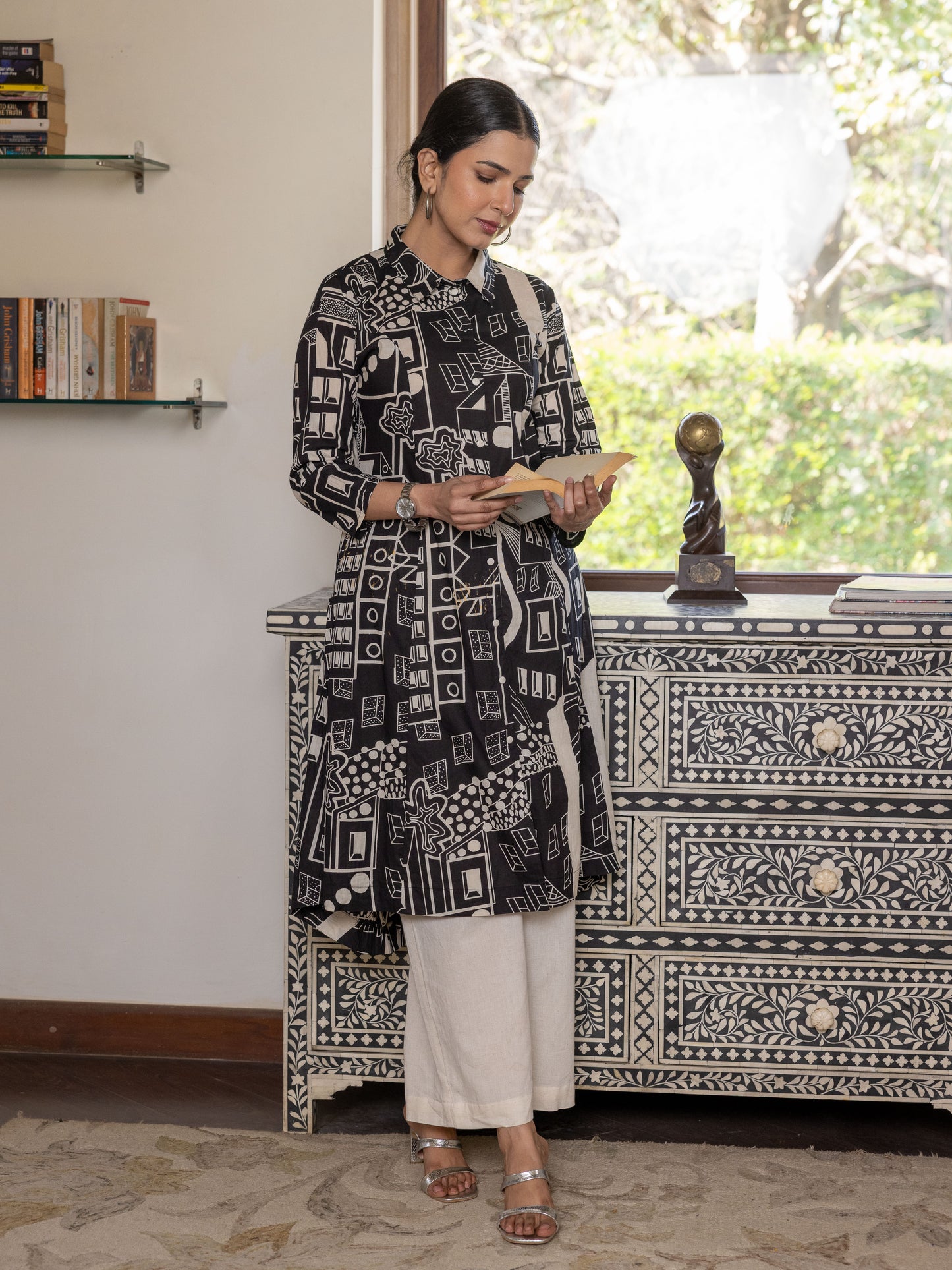 Soft Cotton Geometric High Low Black Kurta