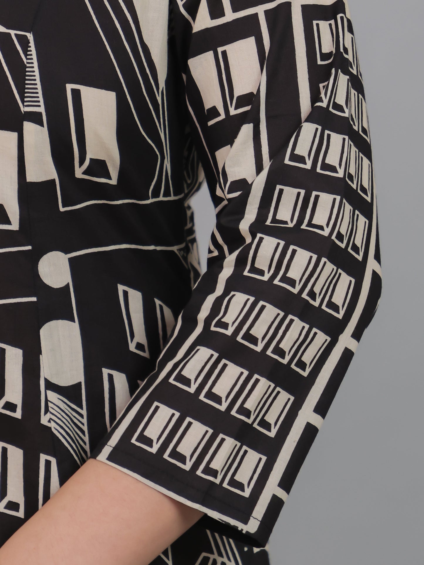Soft Cotton Geometric High Low Black Kurta