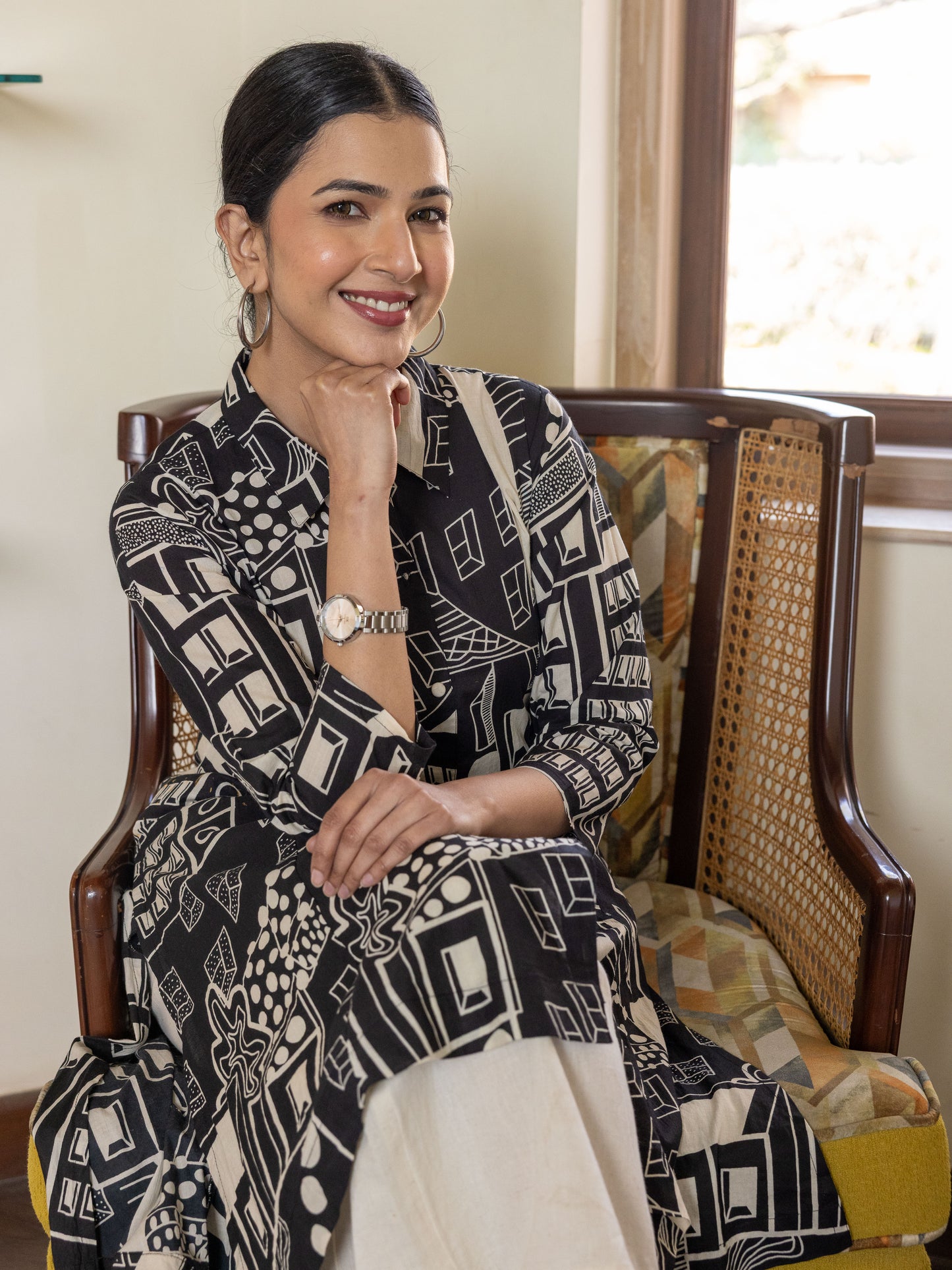 Soft Cotton Geometric High Low Black Kurta