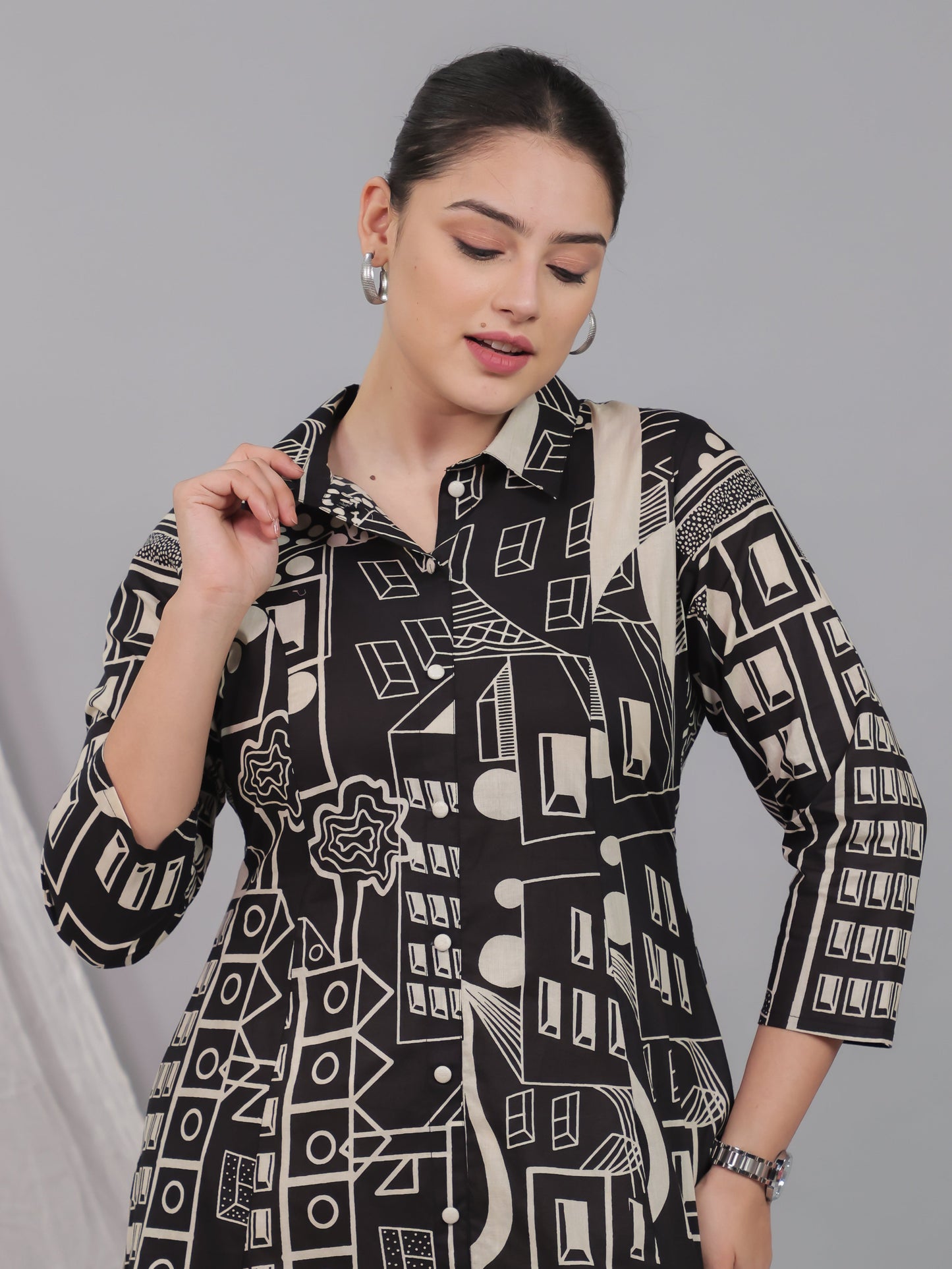 Soft Cotton Geometric High Low Black Kurta