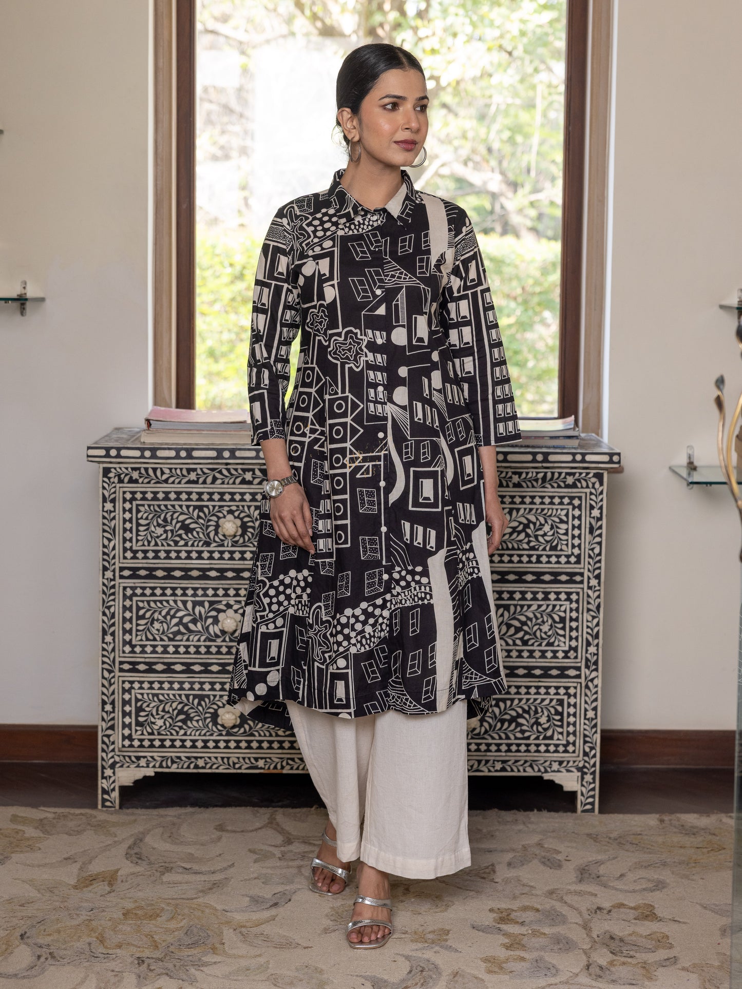 Soft Cotton Geometric High Low Black Kurta