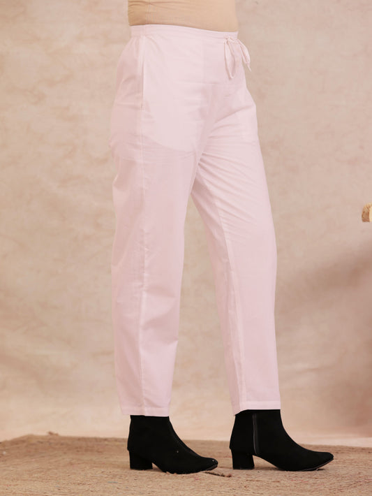 Soft Cotton Solid Baby Pink Tapered Trousers