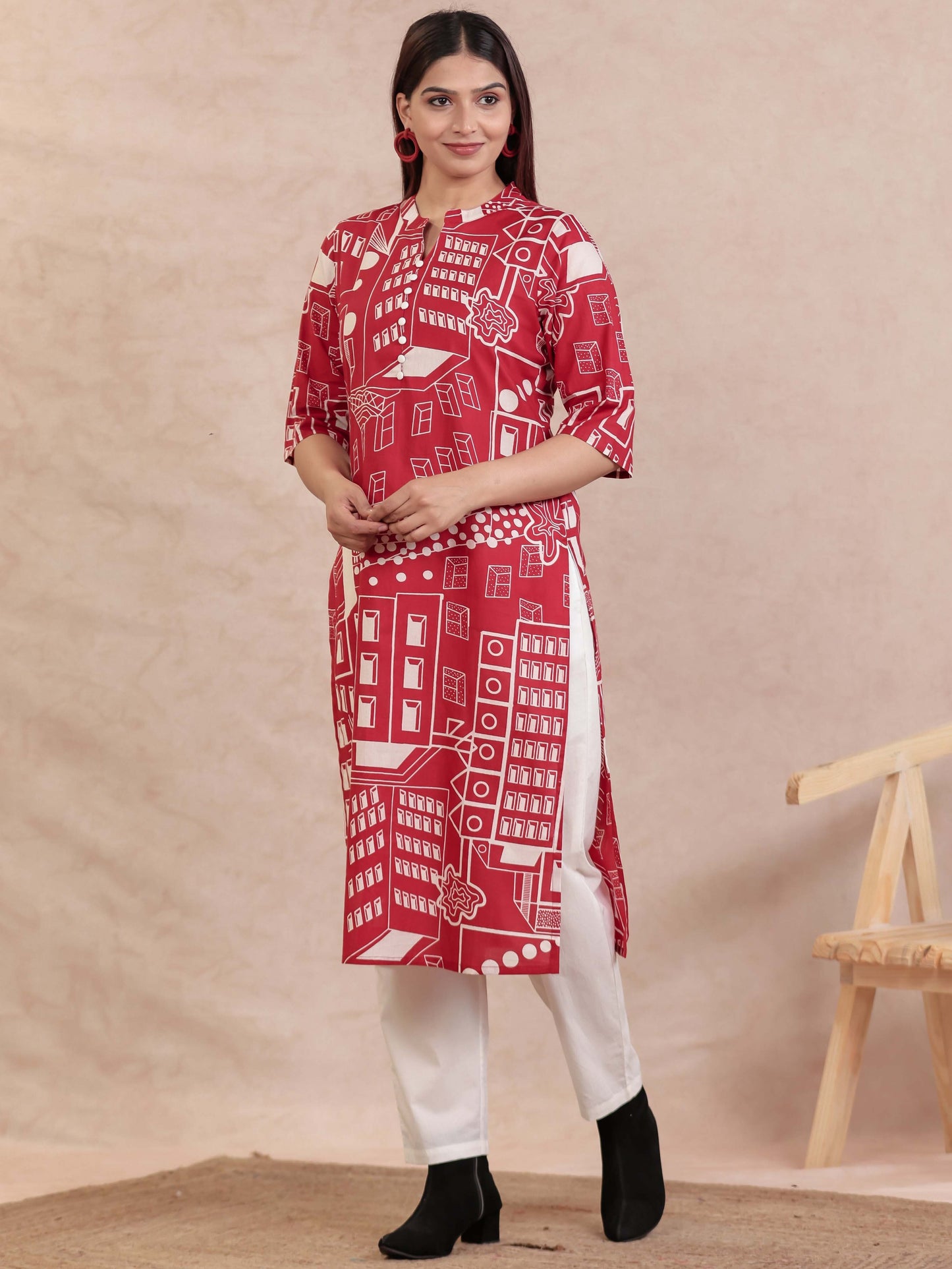 Soft Cotton Abstract Straight Red Kurta