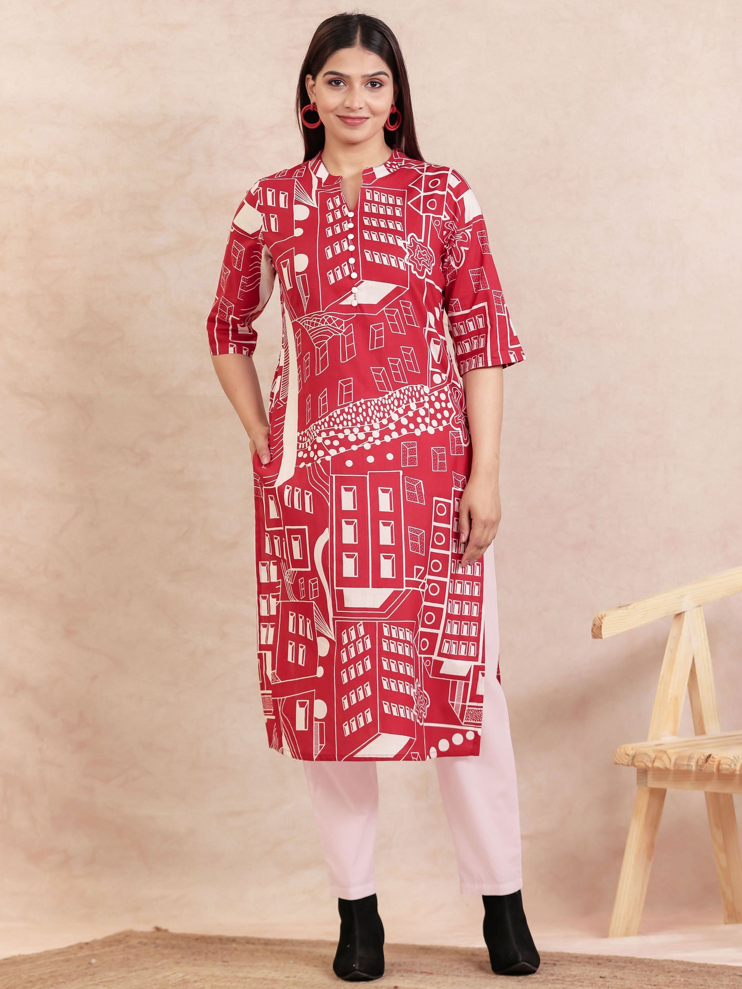 Soft Cotton Abstract Straight Red Kurta
