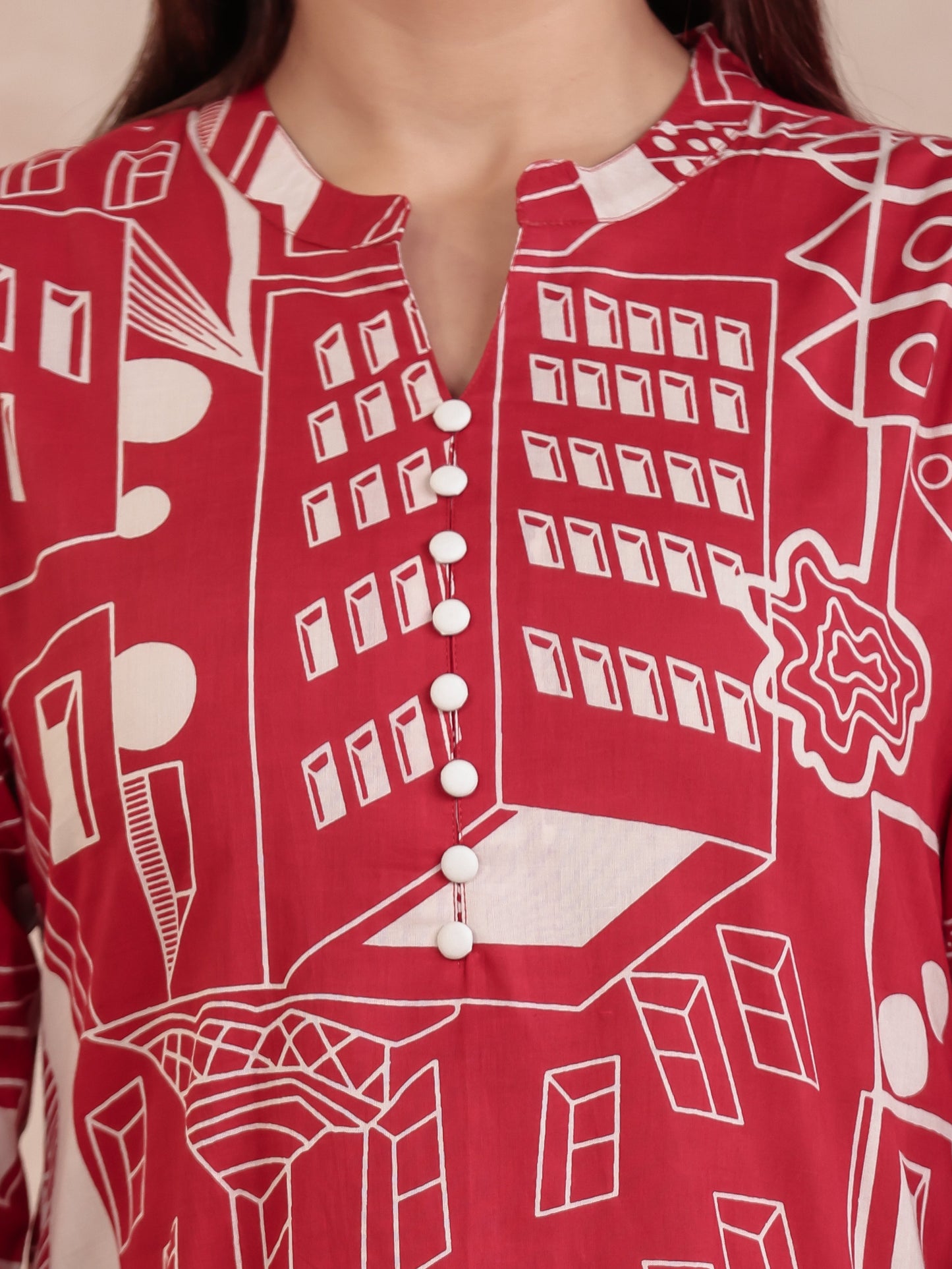 Soft Cotton Abstract Straight Red Kurta