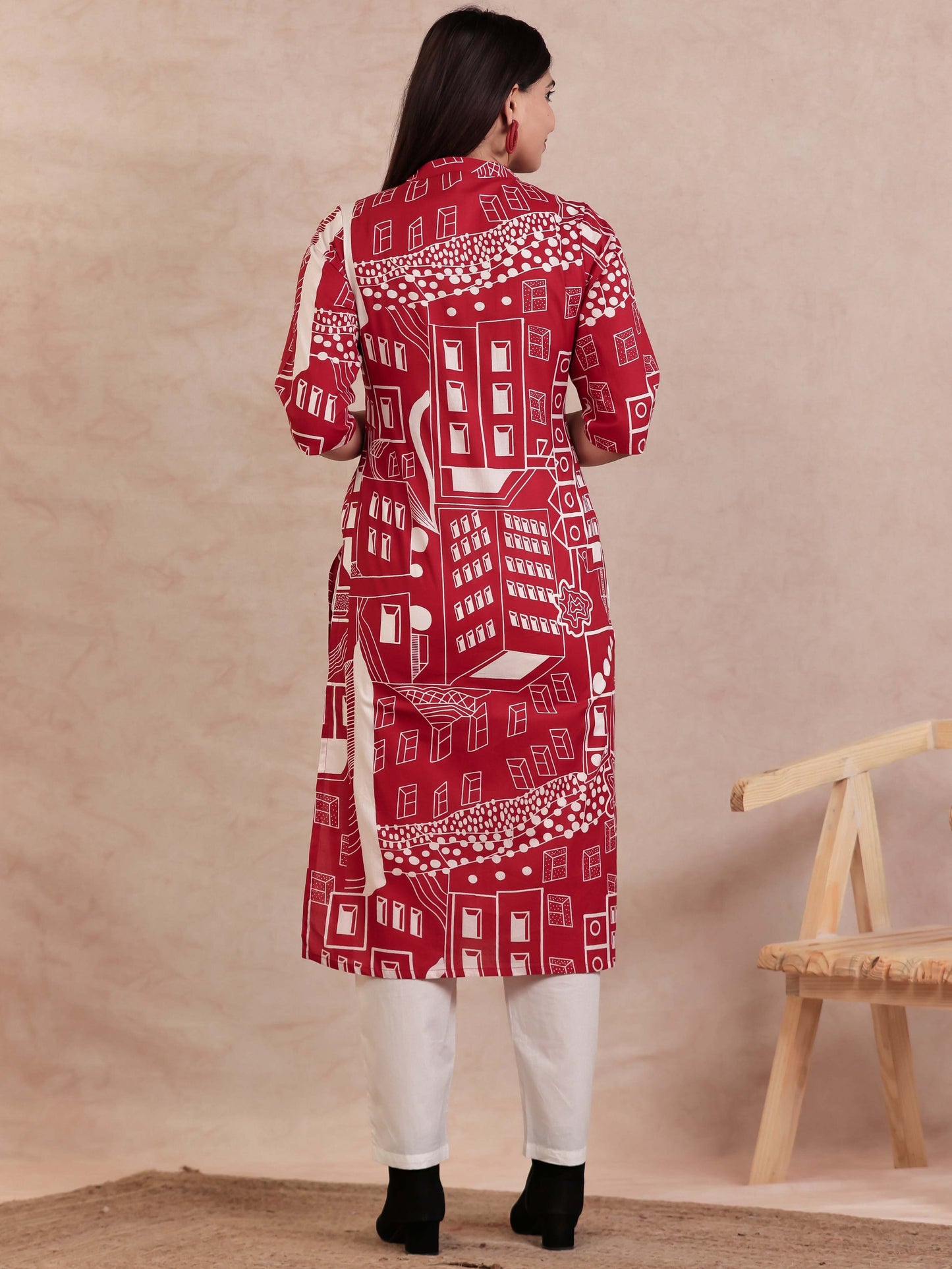 Soft Cotton Abstract Straight Red Kurta