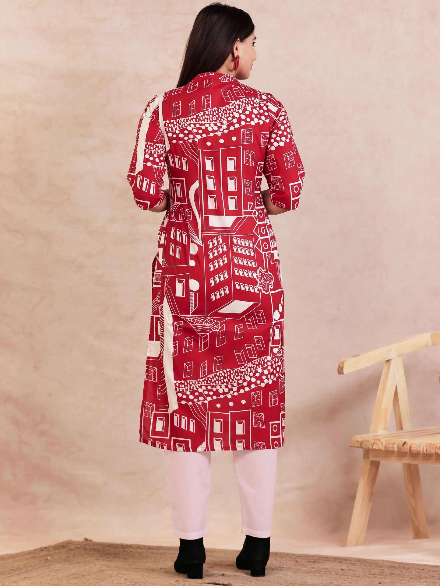Soft Cotton Abstract Straight Red Kurta