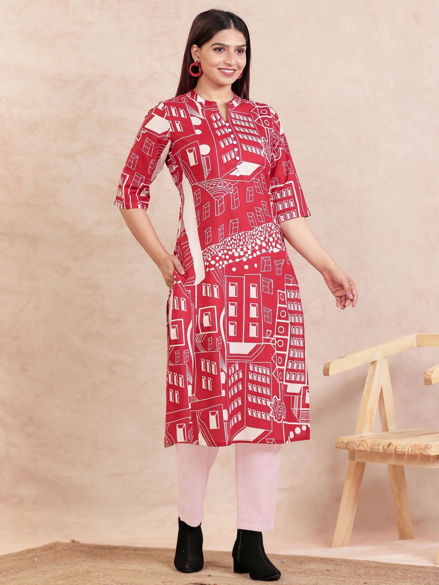 Soft Cotton Abstract Straight Red Kurta