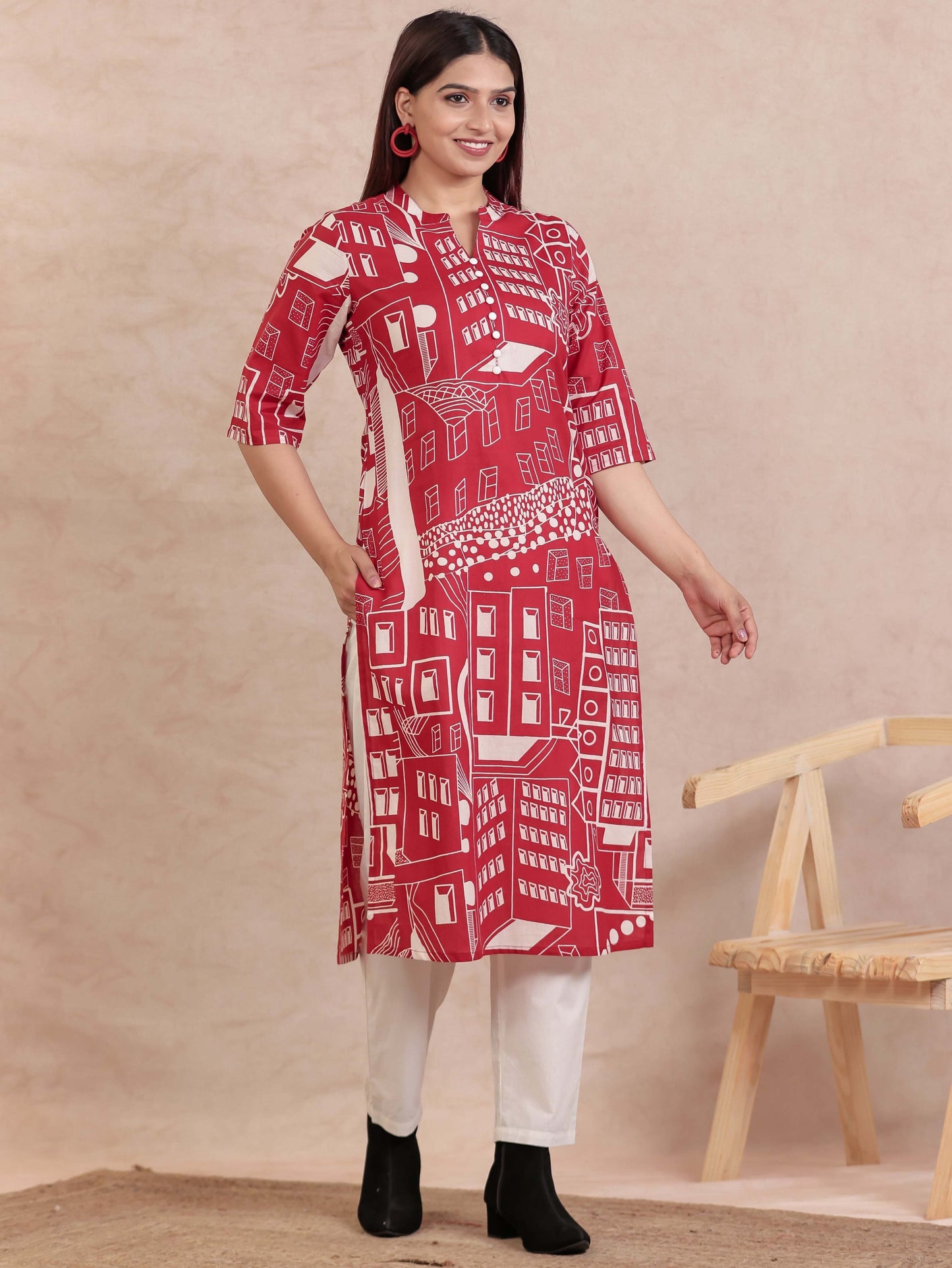 Soft Cotton Abstract Straight Red Kurta