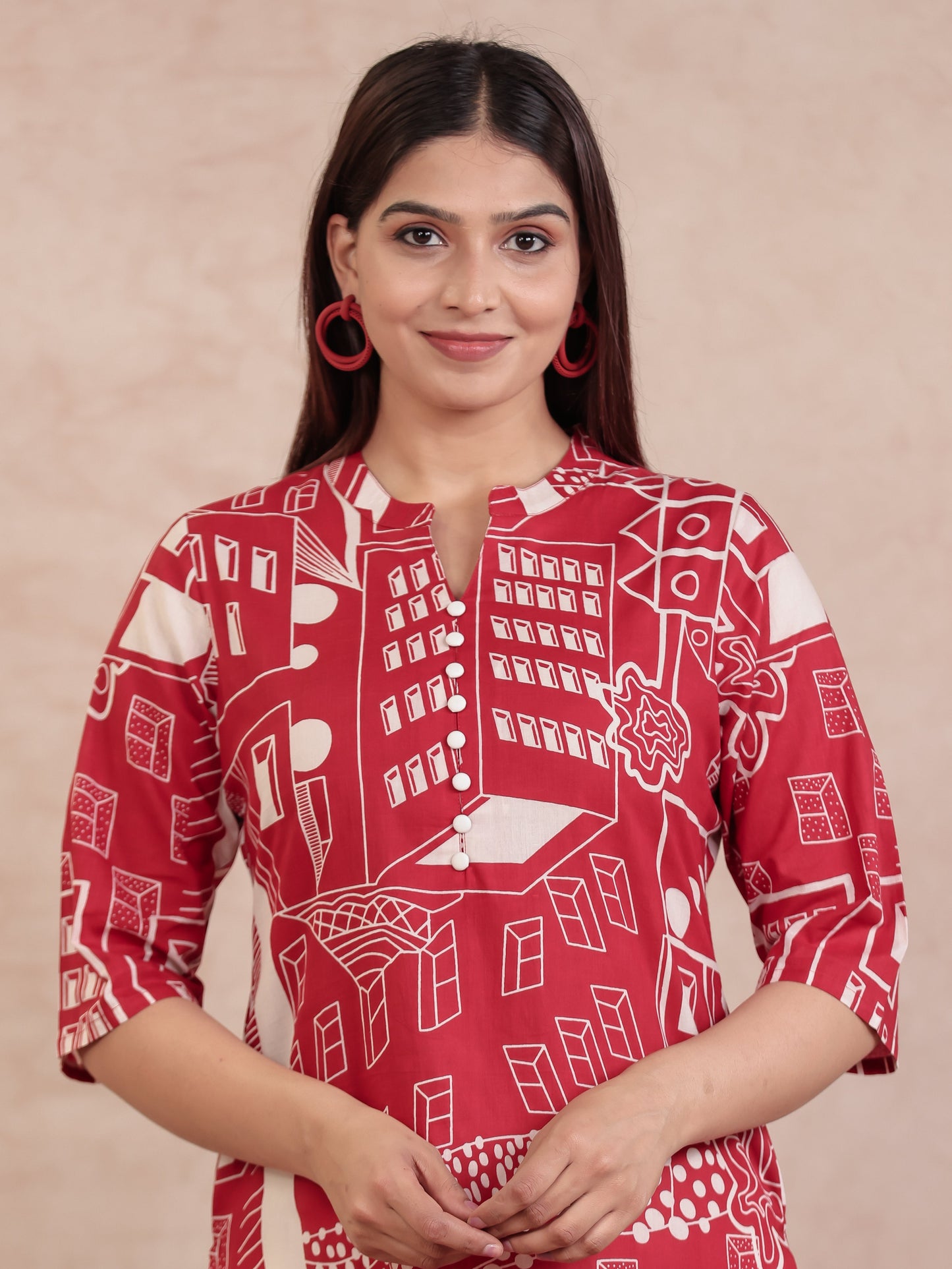 Soft Cotton Abstract Straight Red Kurta