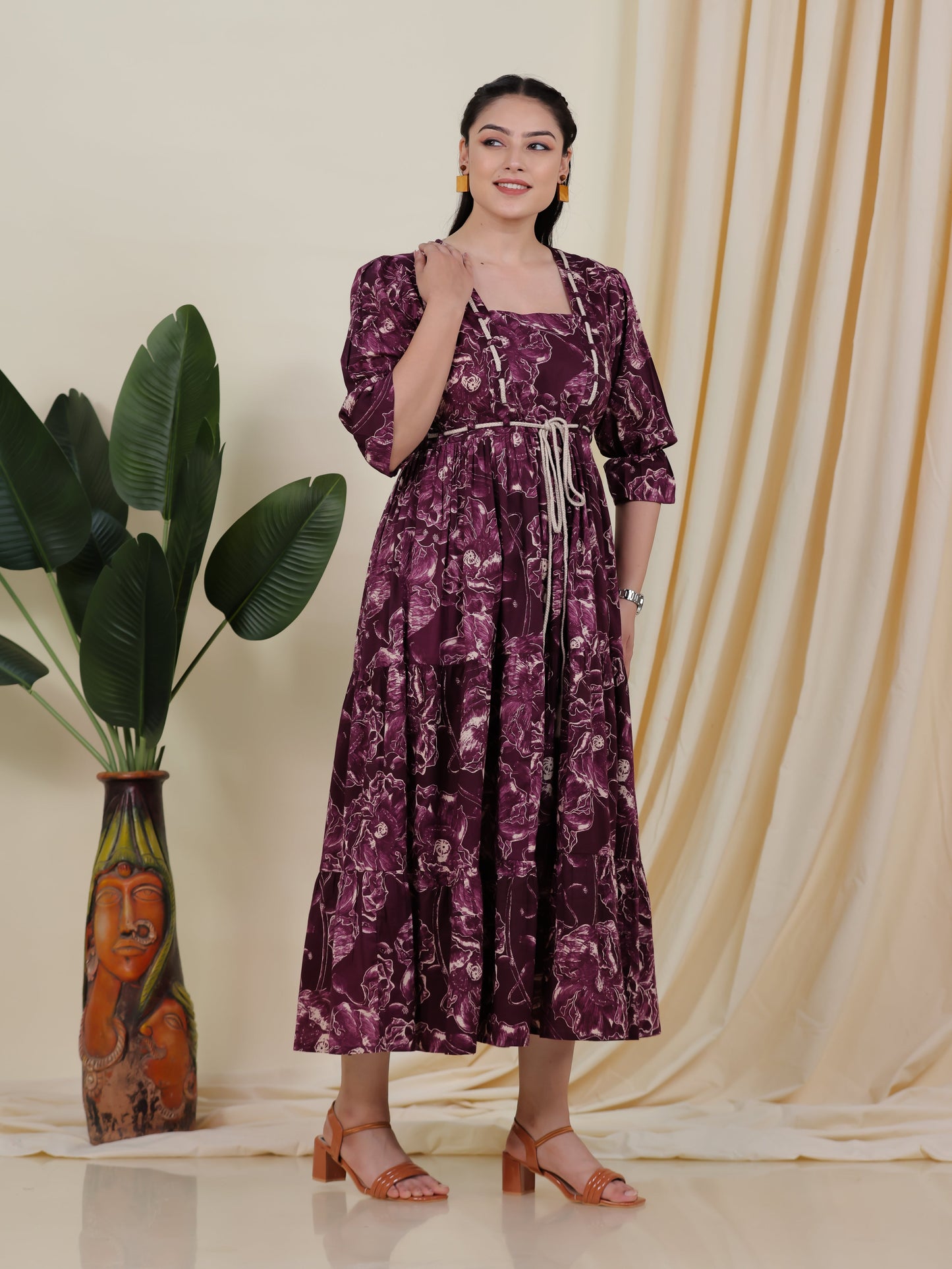 Soft Cotton Floral Gathered Purple Dress