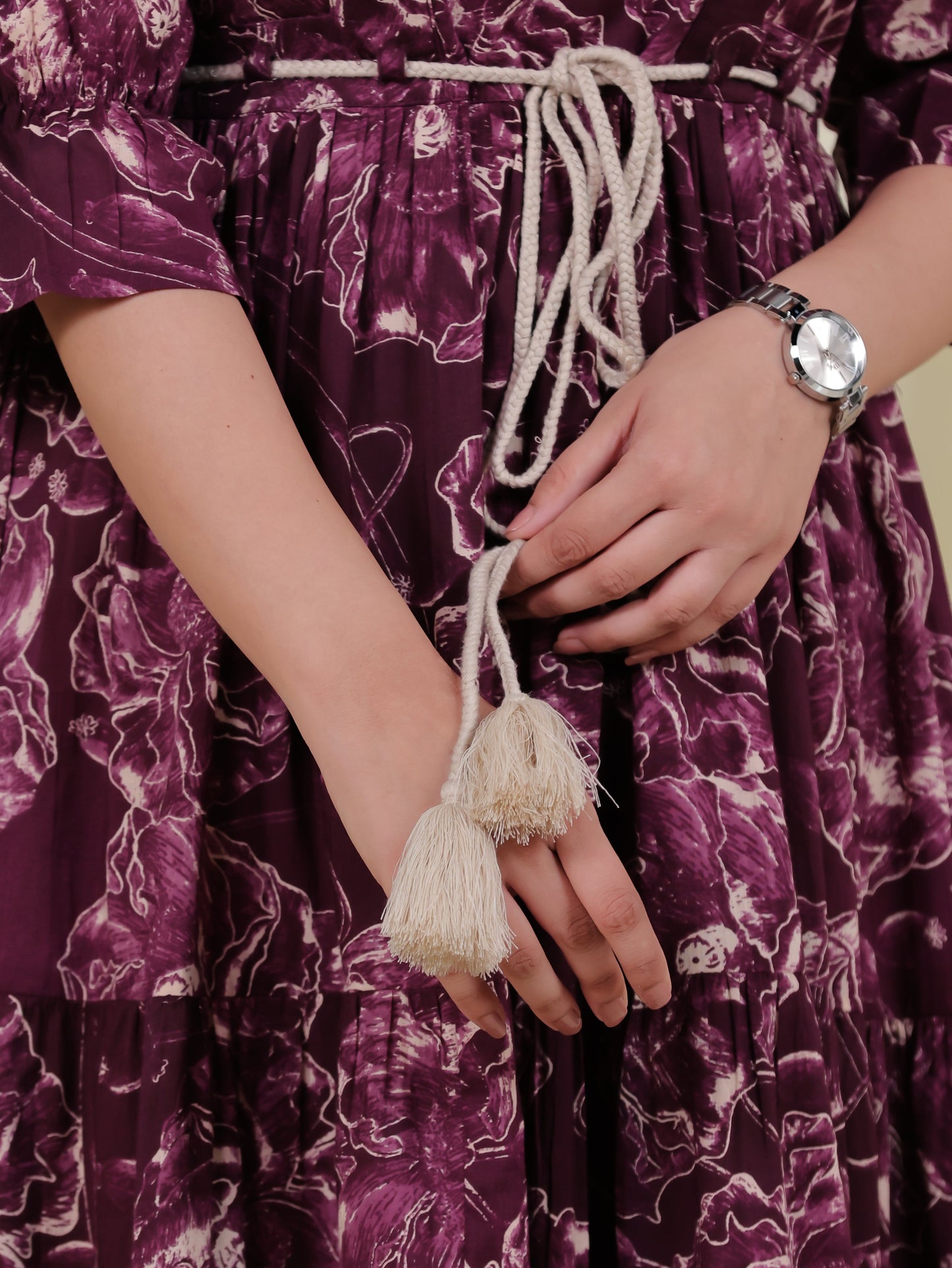 Soft Cotton Floral Gathered Purple Dress