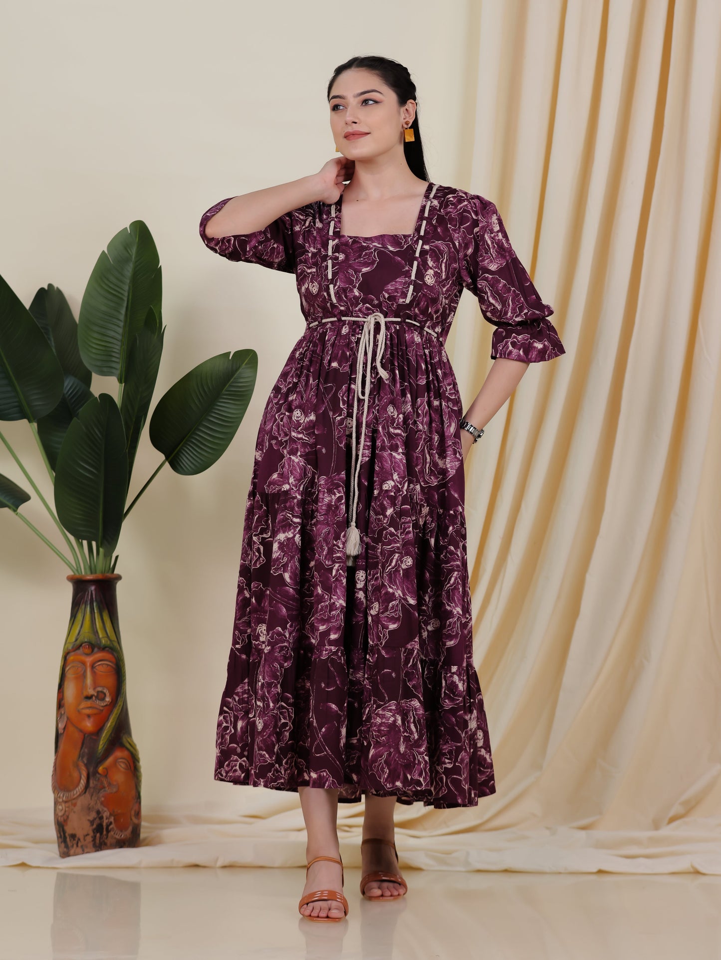 Soft Cotton Floral Gathered Purple Dress