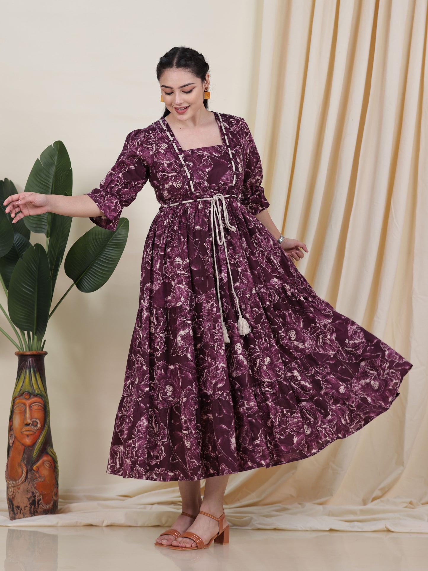 Soft Cotton Floral Gathered Purple Dress