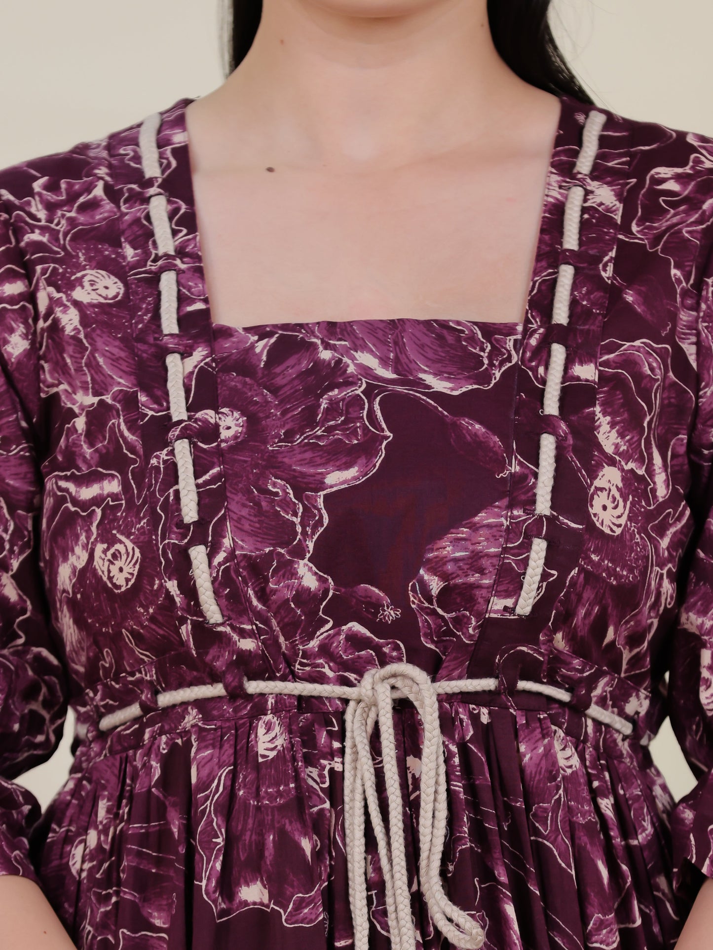 Soft Cotton Floral Gathered Purple Dress