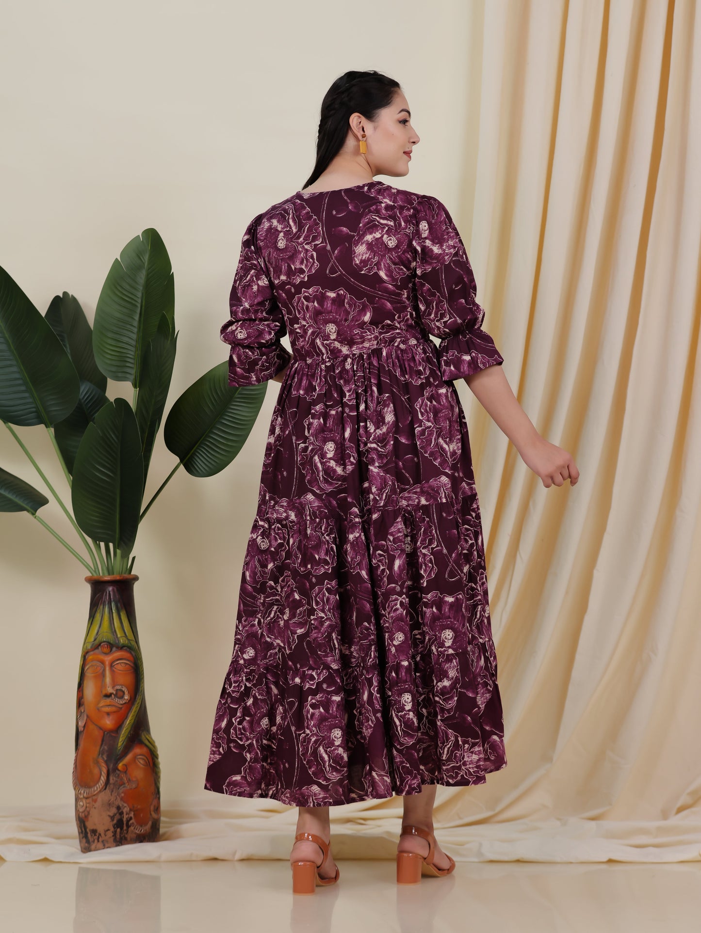 Soft Cotton Floral Gathered Purple Dress