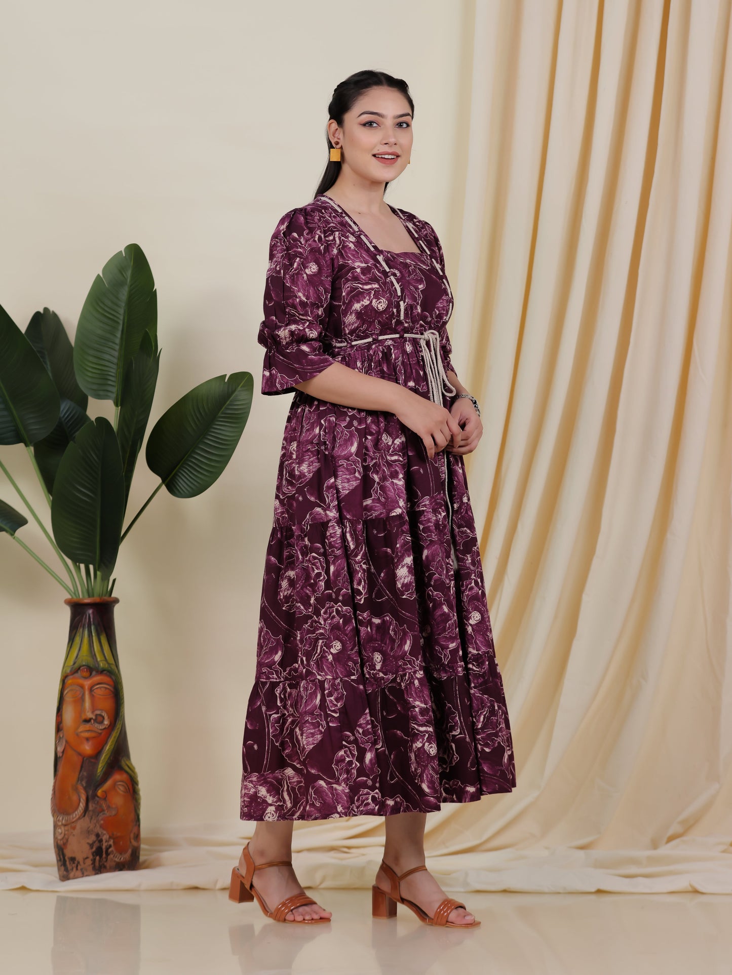 Soft Cotton Floral Gathered Purple Dress