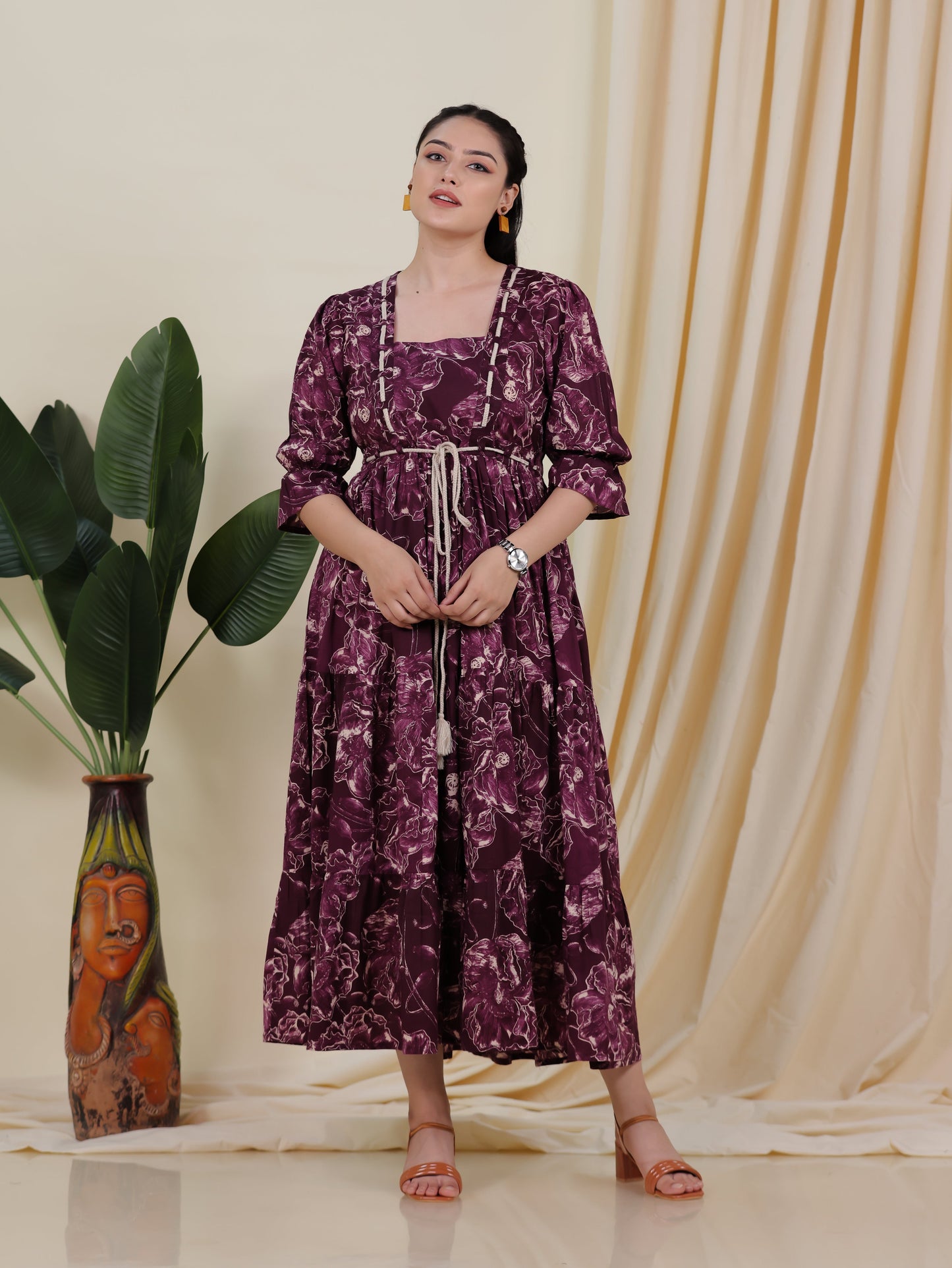 Soft Cotton Floral Gathered Purple Dress