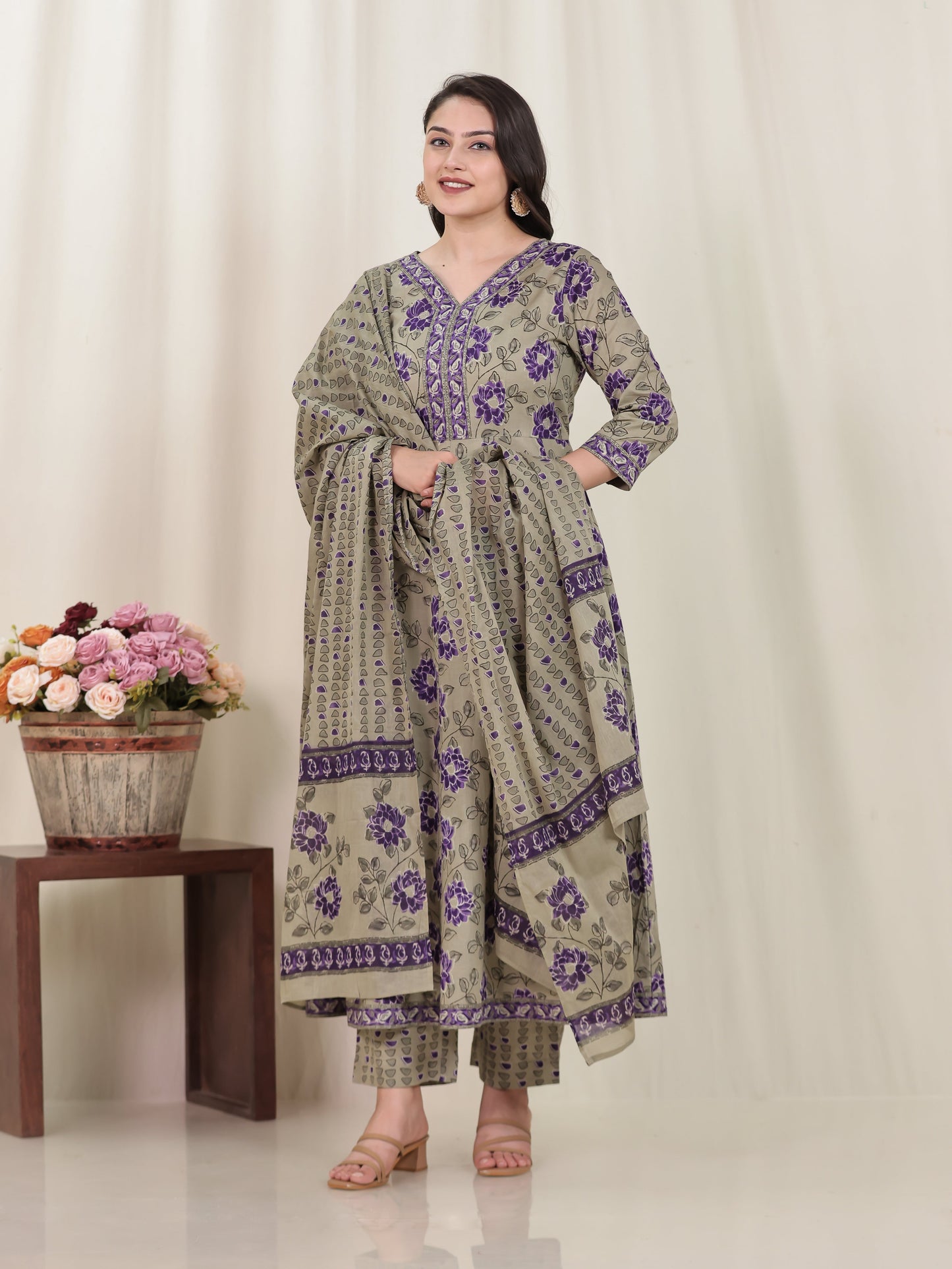 Soft Cotton Floral Flared Purple Kurta