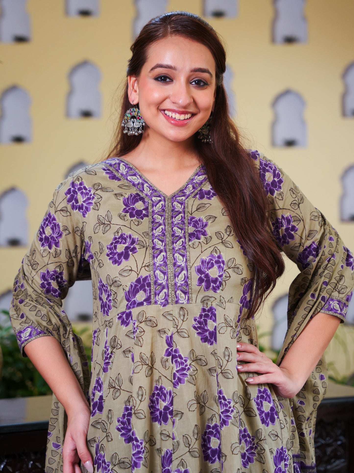 Soft Cotton Floral Flared Purple Kurta