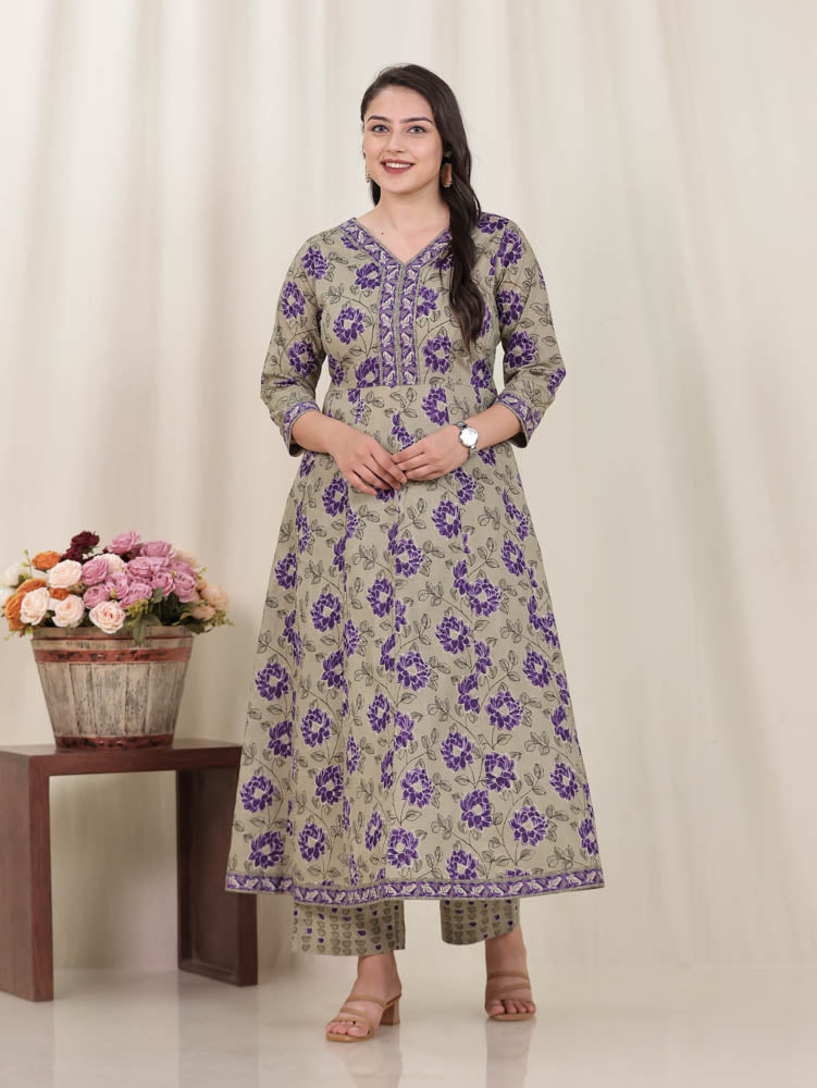 Soft Cotton Floral Flared Purple Kurta