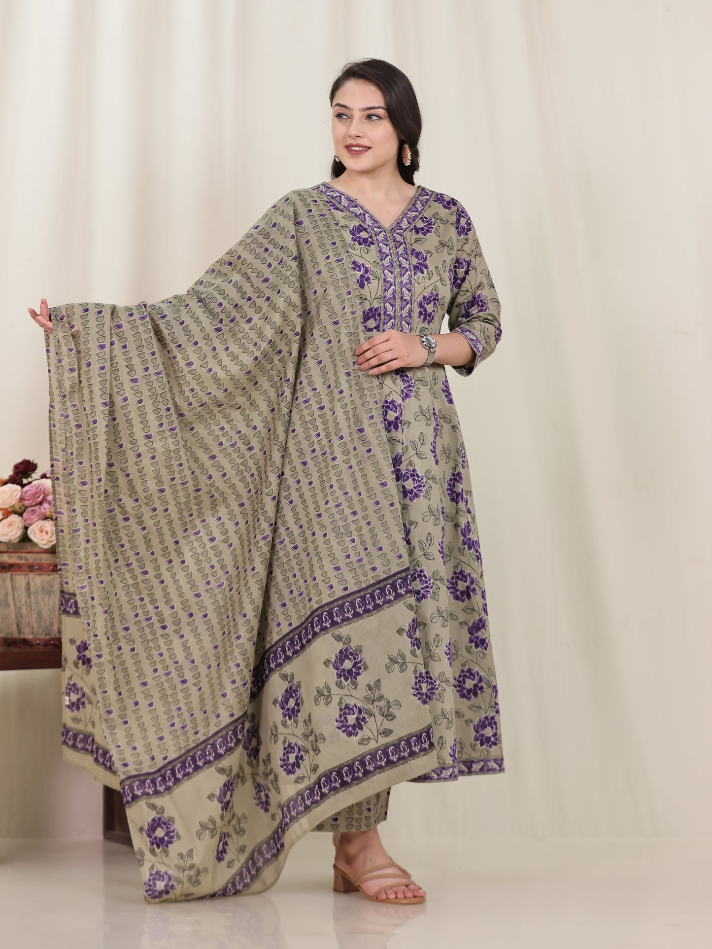 Soft Cotton Floral Flared Purple Kurta