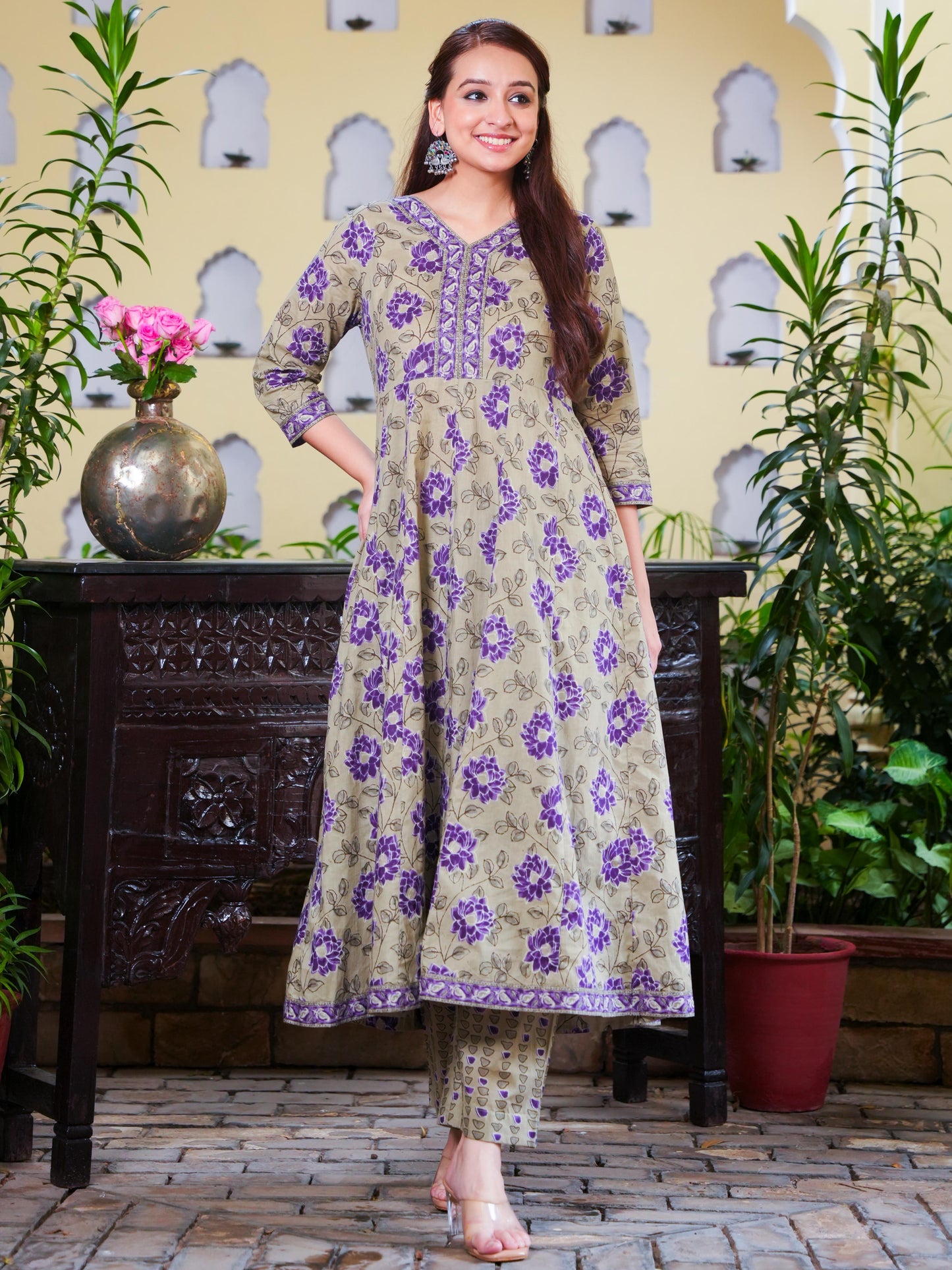 Soft Cotton Floral Flared Purple Kurta