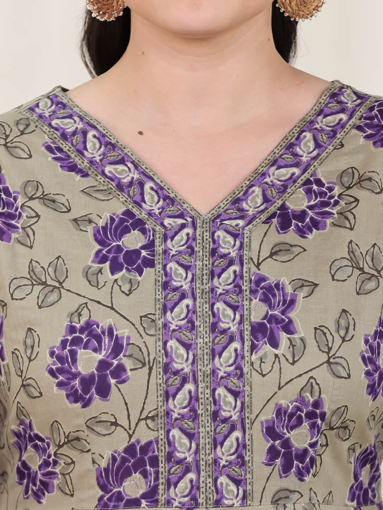 Soft Cotton Floral Flared Purple Kurta