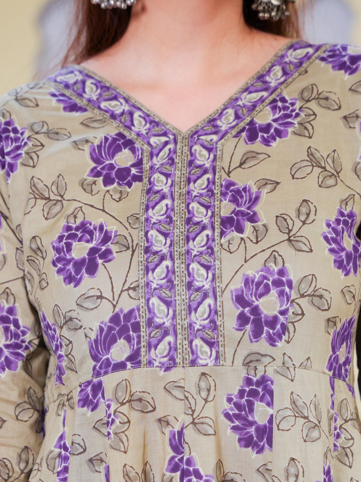 Soft Cotton Floral Flared Purple Kurta