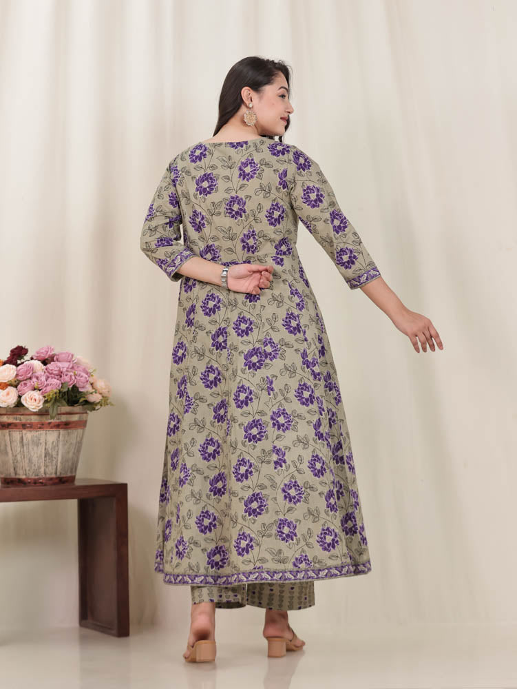 Soft Cotton Floral Flared Purple Kurta