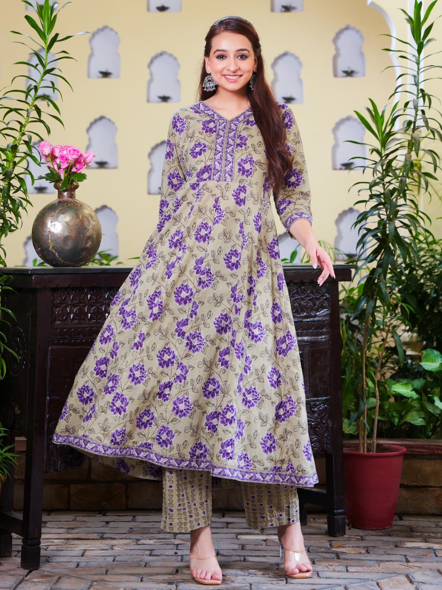 Soft Cotton Floral Flared Purple Kurta