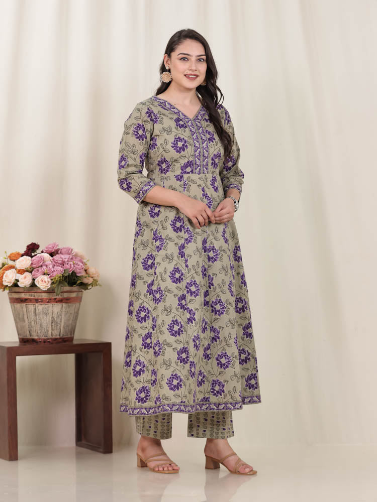 Soft Cotton Floral Flared Purple Kurta
