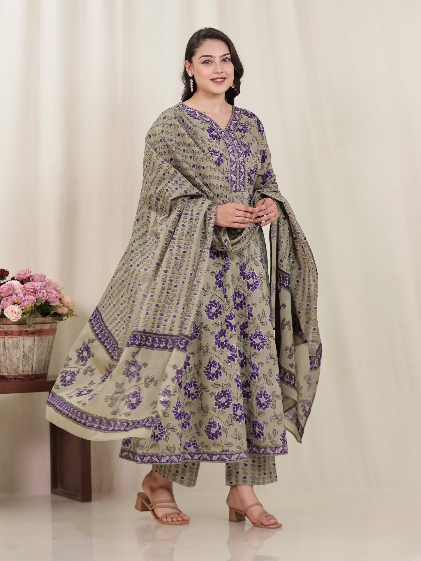 Soft Cotton Floral Flared Purple Kurta