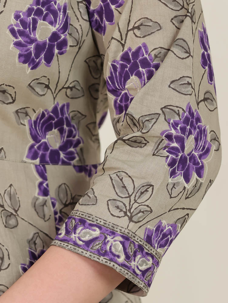 Soft Cotton Floral Flared Purple Kurta